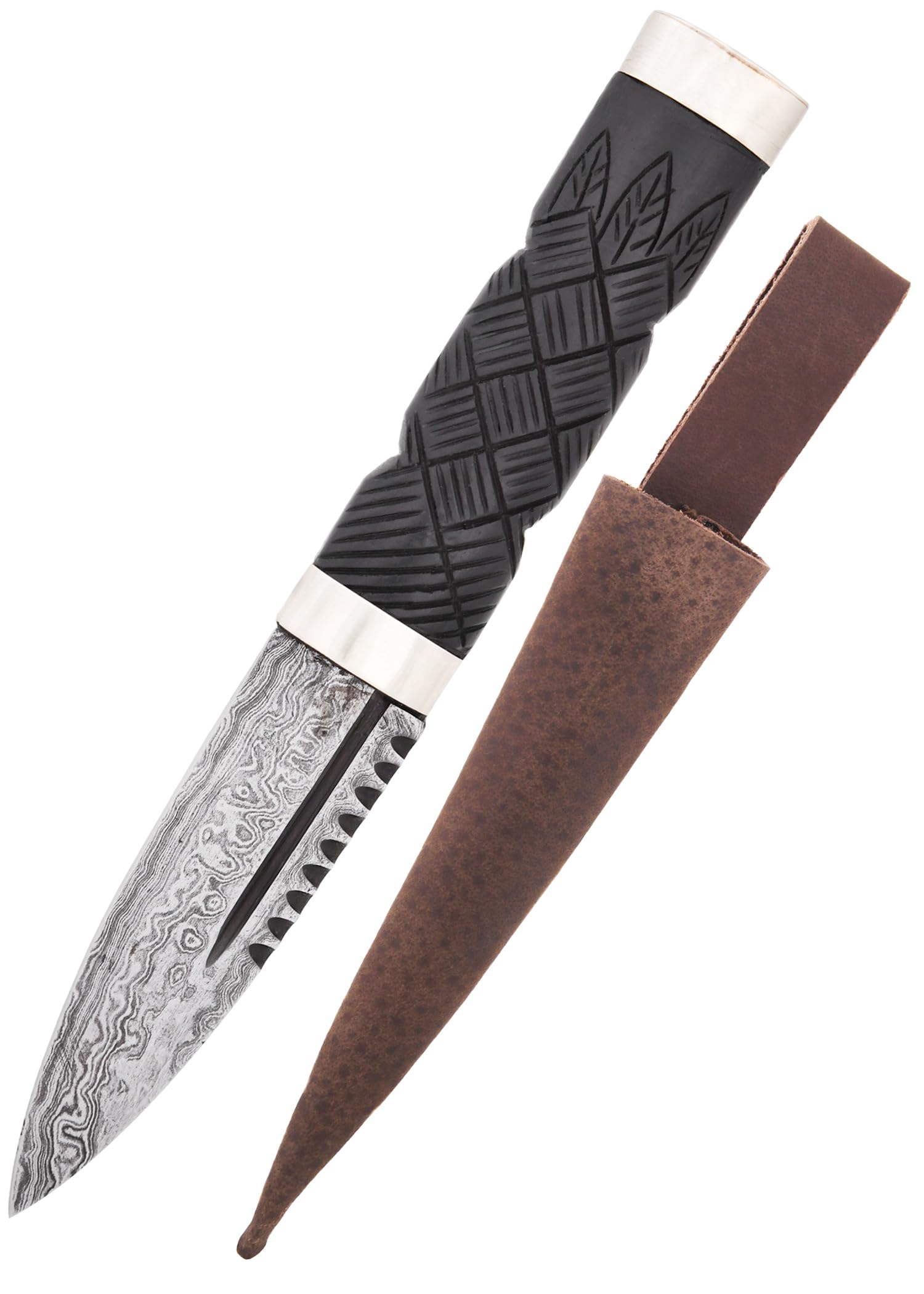Battle-Merchant Sgian Dubh, Schottisches Messer, Damaststahl, Lederscheide