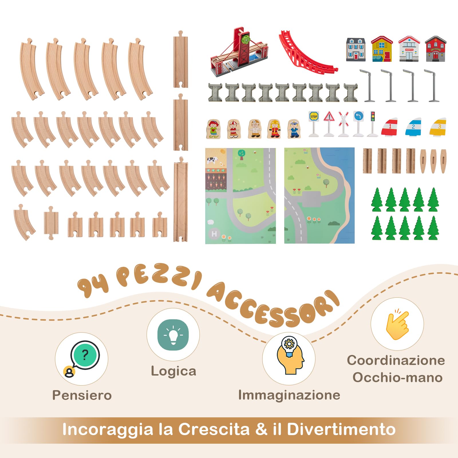 RELAX4LIFE Tavolo con Set Treno in Legno da 92 Pezzi, Tavolo Gioco Multifunzionale con Superfici Reversibili, 3 Contenitori Pieghevoli in Tessuto, Binari, Macchinine, Set Treno per Bambini da 3+ Anni