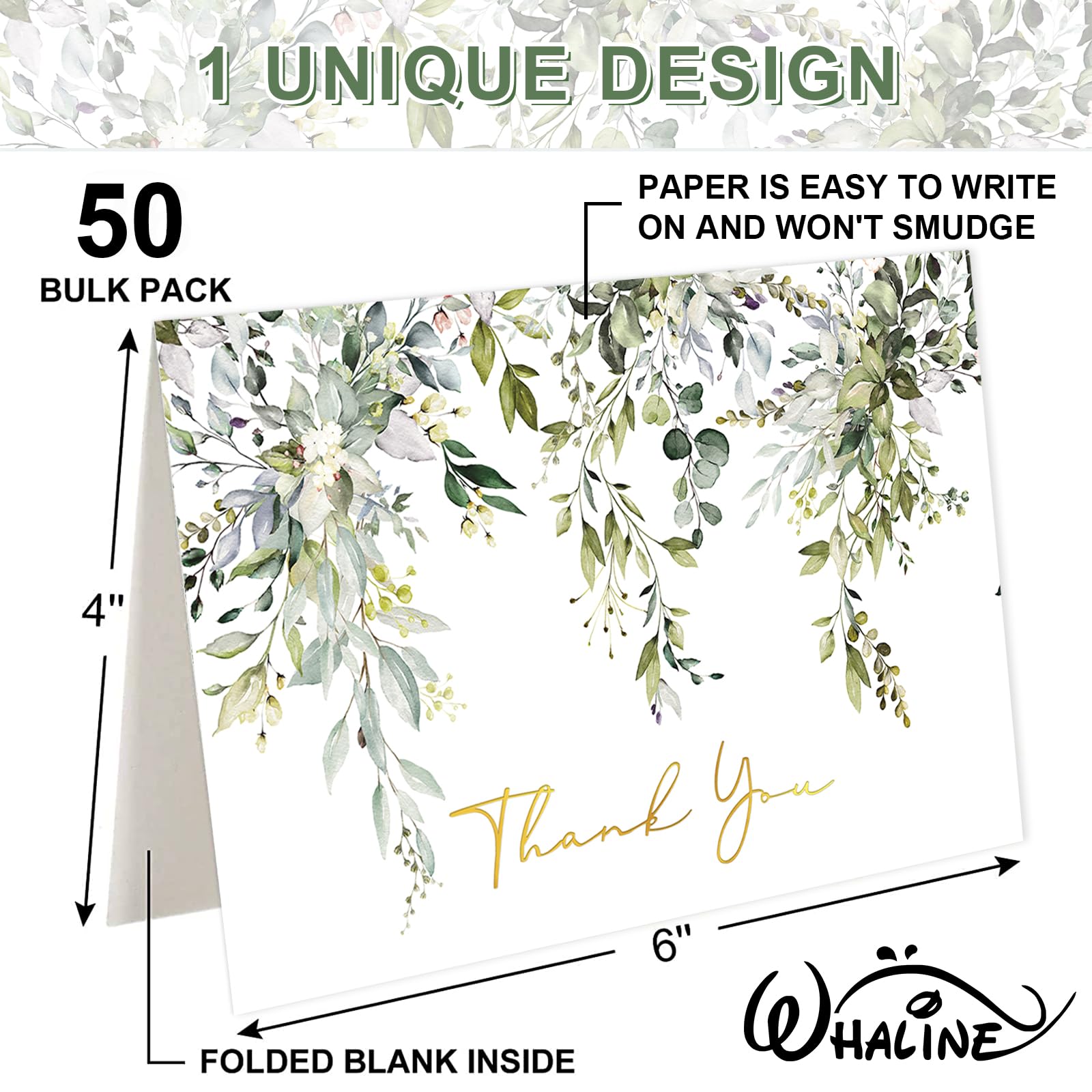 Snapklik.com : Whaline 50 Pack Greenery Thank You Cards Bulk Boxed ...