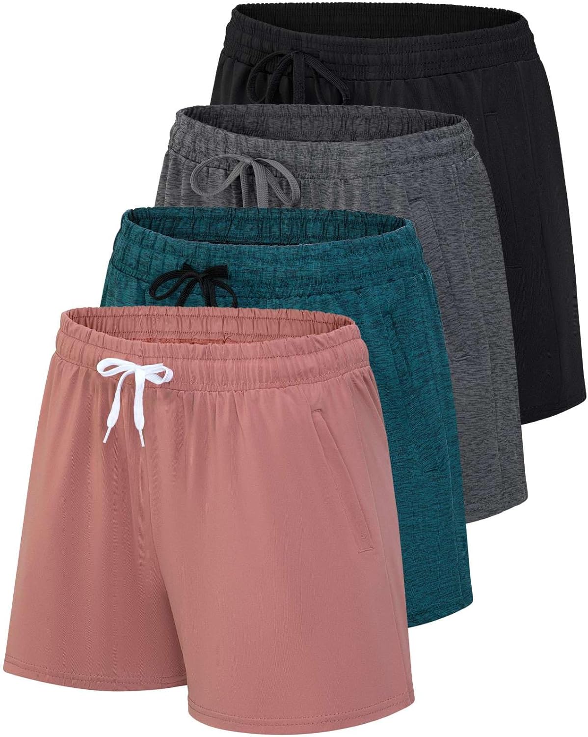 Real Essentials 4 Pack: Womens Athletic Dry-Fit Lounge Shorts with Zipper Pockets (Available in Plus Size)