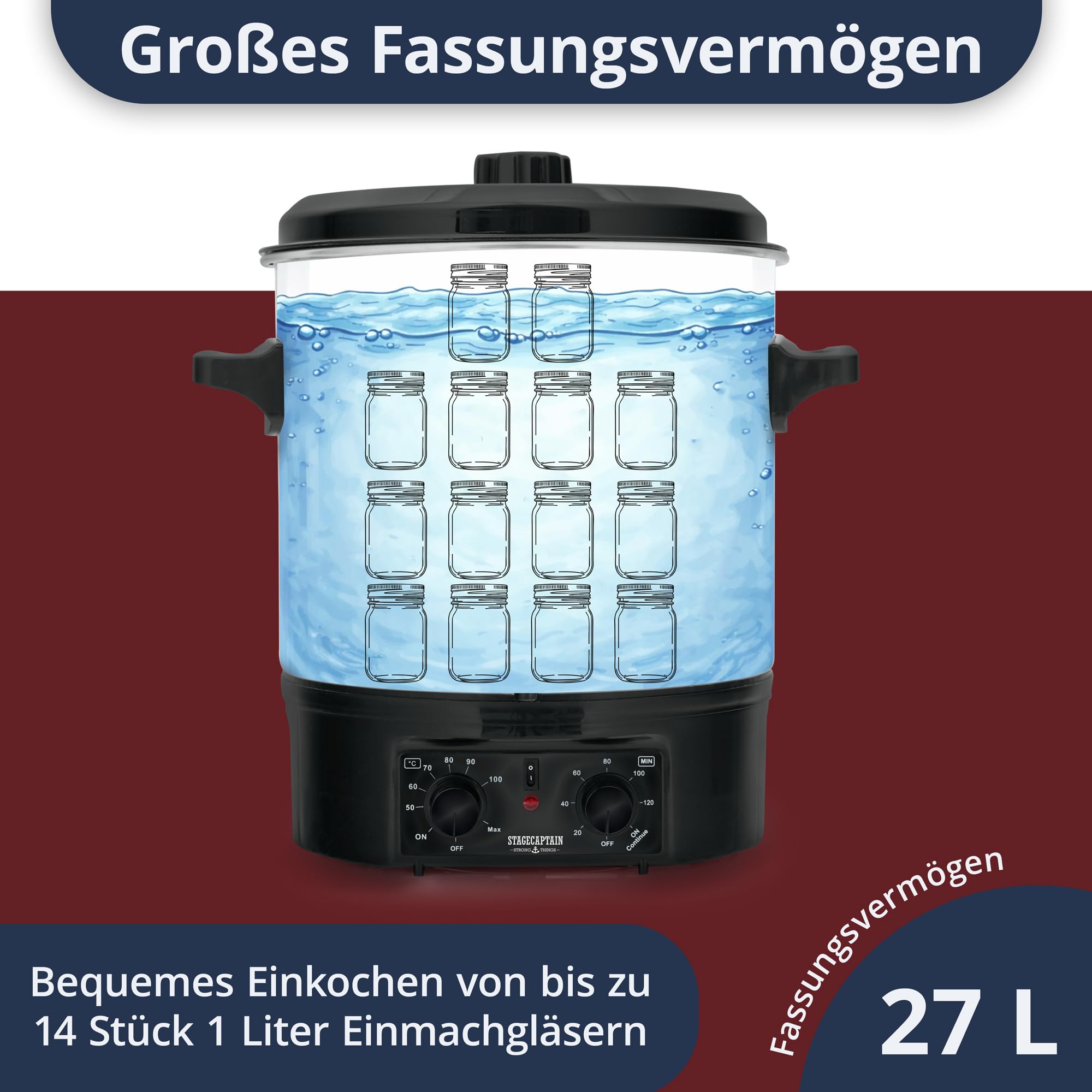 Stagecaptain GWK-27A Glühweinkocher - Einkochautomat mit 27 Liter - 2000 Watt - Gebürsteter Edelstahl - Einfache Bedienung (Temperatur und Zeitschaltuhr) - Abschaltautomatik - Silber