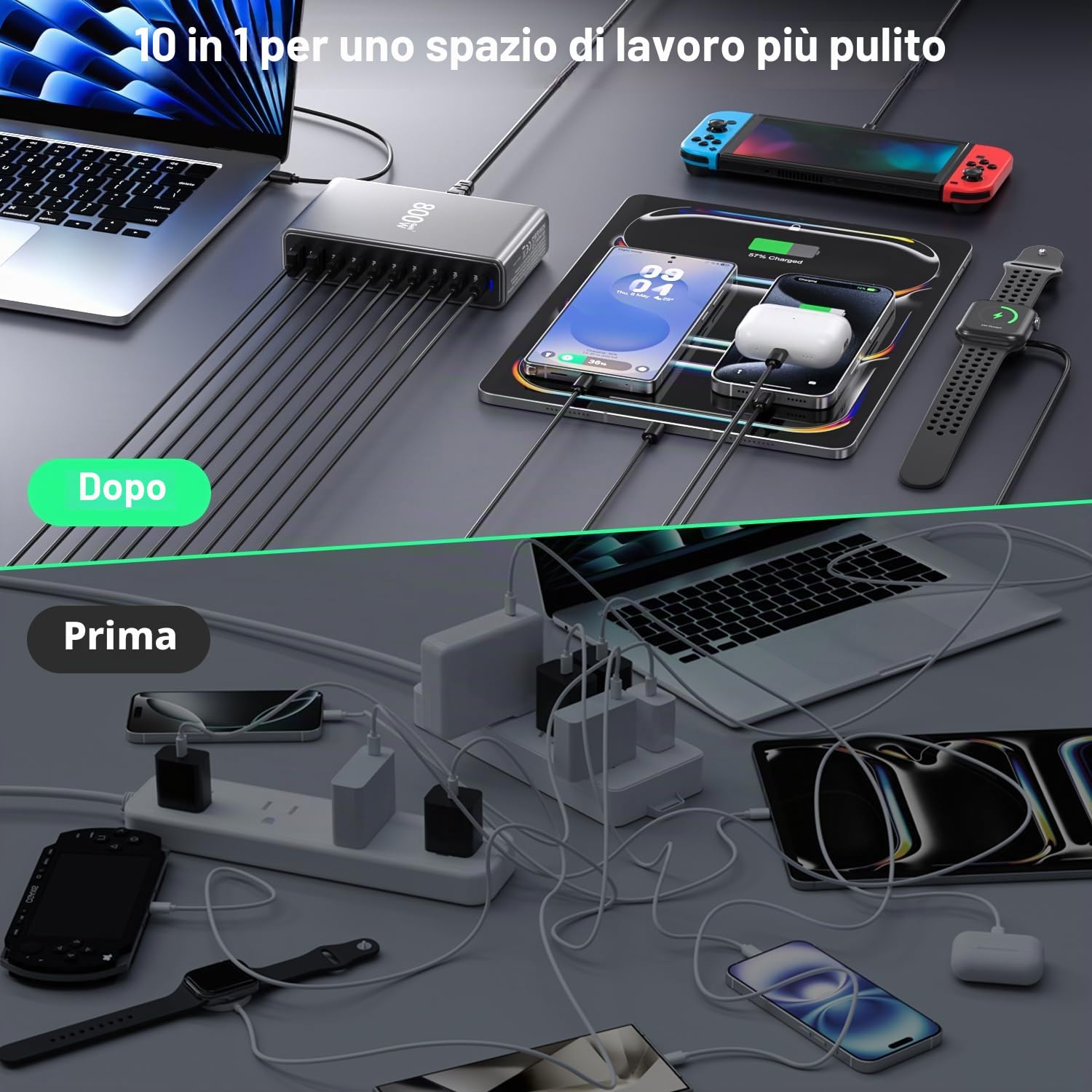 Caricatore USB C da 800 W, GaN a 10 porte caricatore rapido caricatore PD compatibile con MacBook Pro/Air/Dell/iPhone/Galaxy/Laptop/Tablet/Mobile