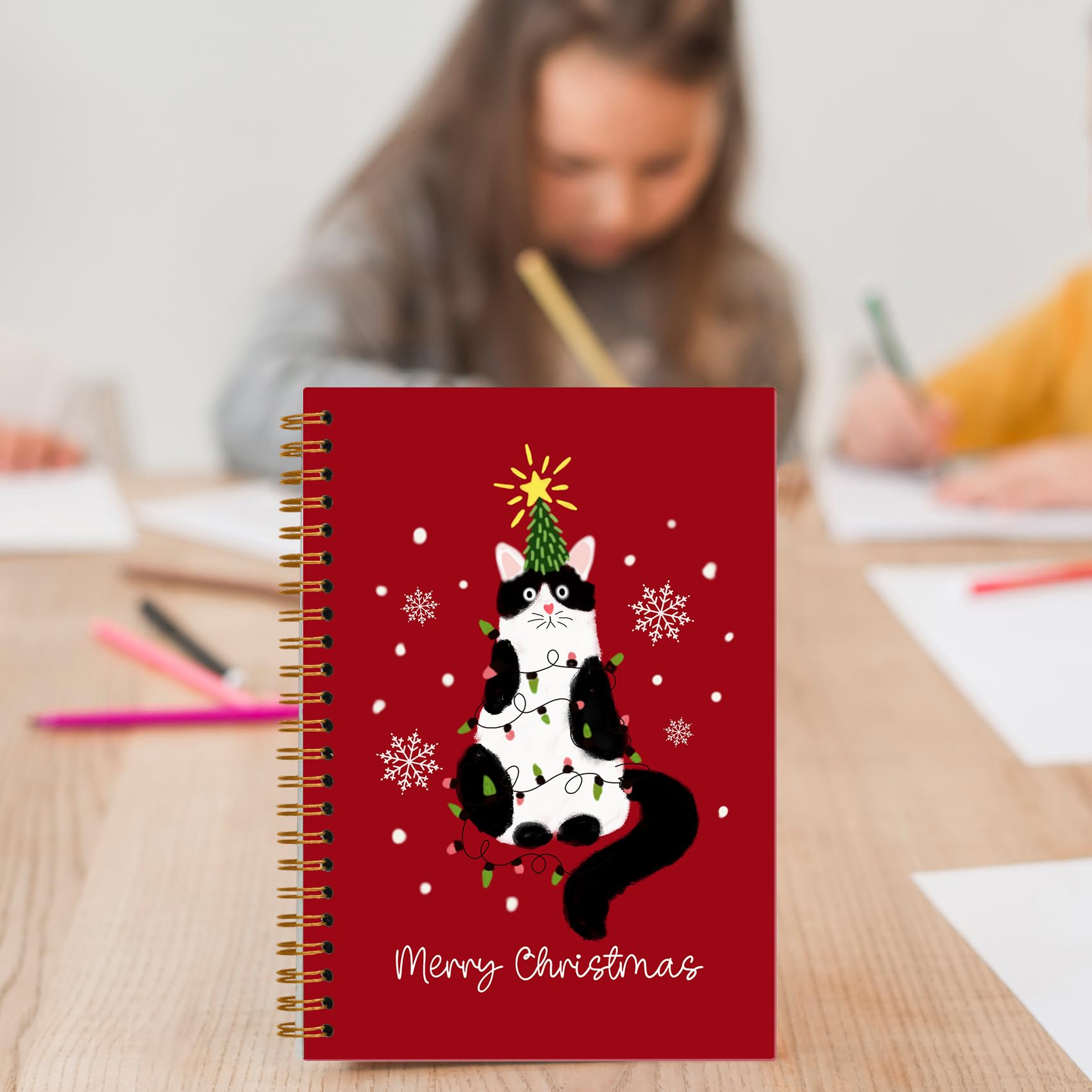Cuaderno rojo de esmoquin de Navidad, diario de copo de nieve de invierno, diario de regalos para amantes de los gatos, diario de regalo para mujeres y niñas, divertido cuaderno en espiral de