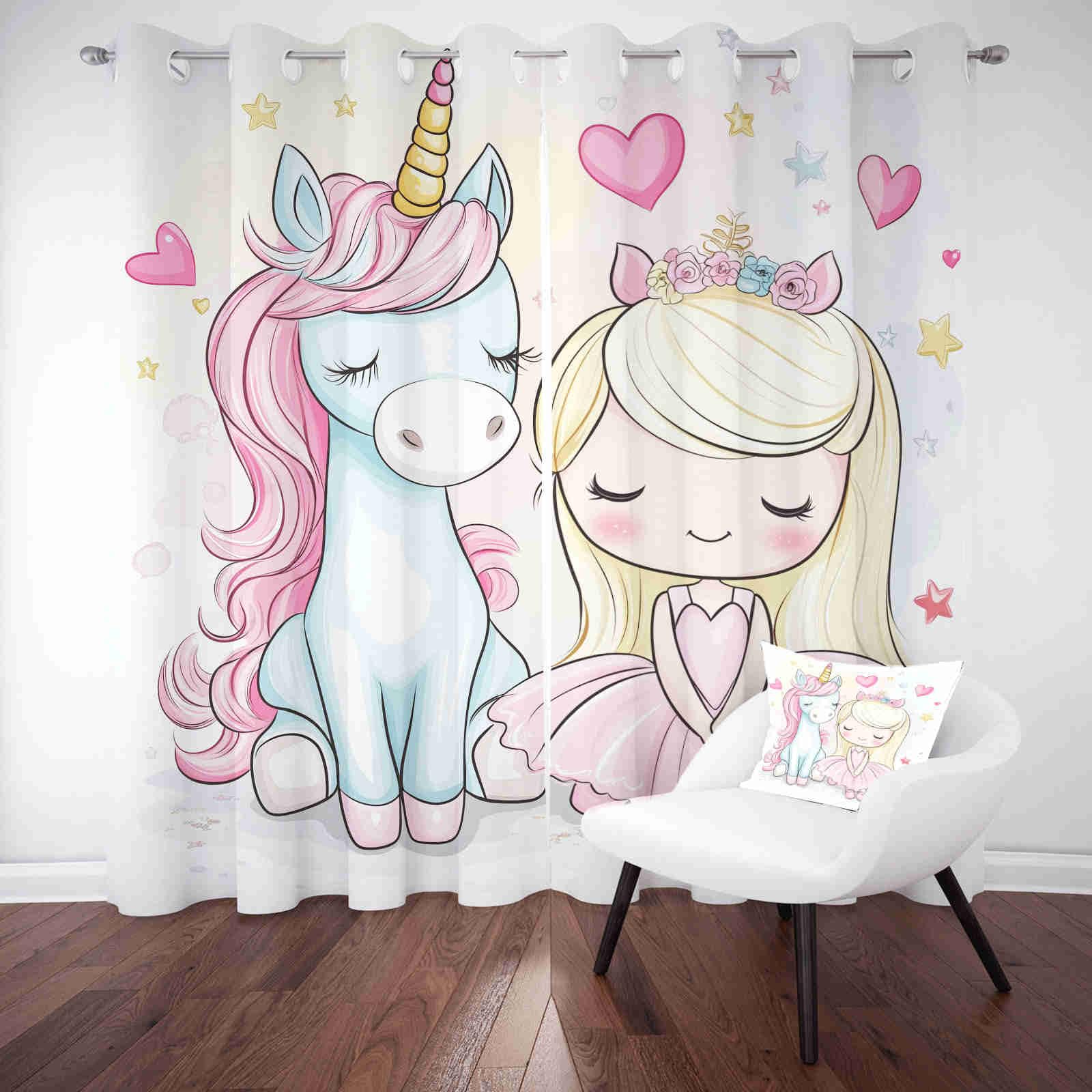 Rideau Occultant à Oeillets Mignon Licorne Lot de 2 Rideaux Thermique et Isolant Phonique Dessin Animé Princesse Idéal pour la Décoration de Salon, Chambre à Coucher, 110 x 215cm