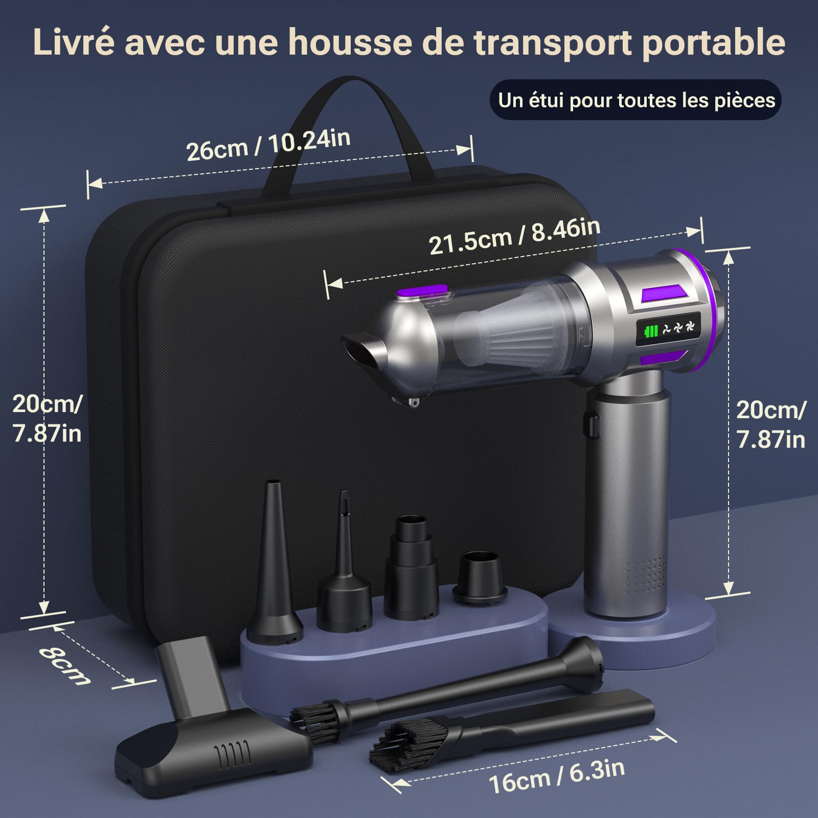 Aspirateur à Main, 27000Pa/135W Mini Aspirateur sans Fil & 250.000 tr/min Aspirateur de Voiture à 3 Vitesses avec Moteur sans Brosse, Aspirateur Voiture Sans Fil Pour Bureau,Maison, Cuisine,Poils