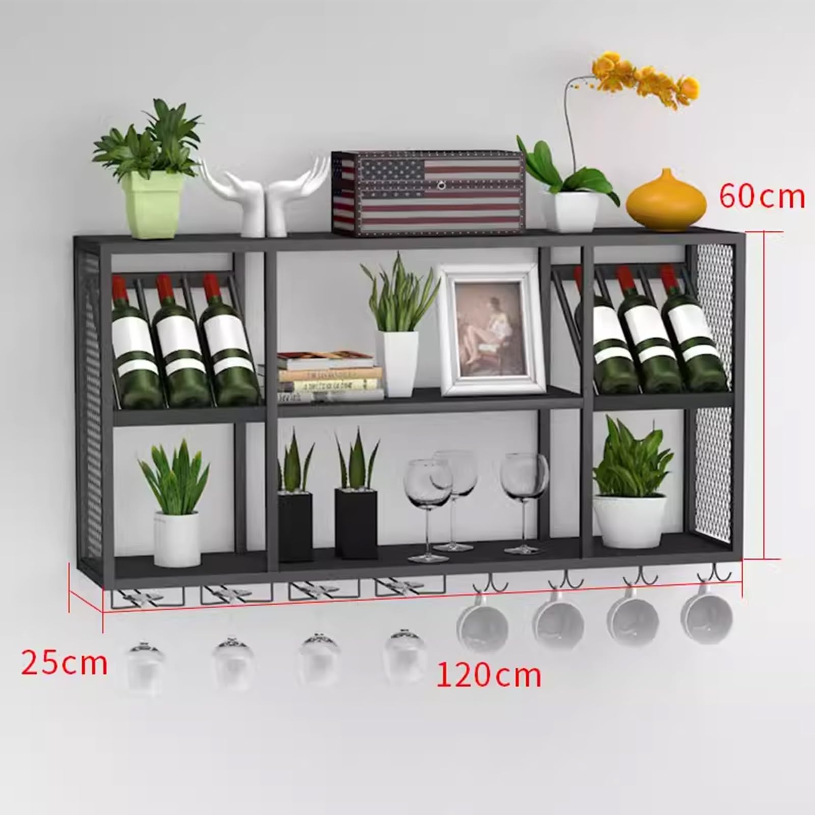 Botellero Pared Vino Botellero de Hierro, Botellero Lacado Simple Multifuncional, Botellero Vino Metal con Portavasos Colgante para Cocina Hogar Bar(White,120 * 25 * 60cm)
