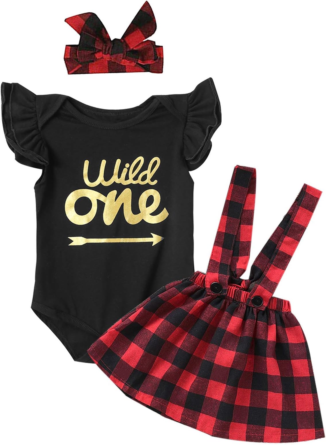 3Pcs Outfit Set Baby Girls Wild One Plaid Dress Sets with Headband (Black03, 6-12 Months)