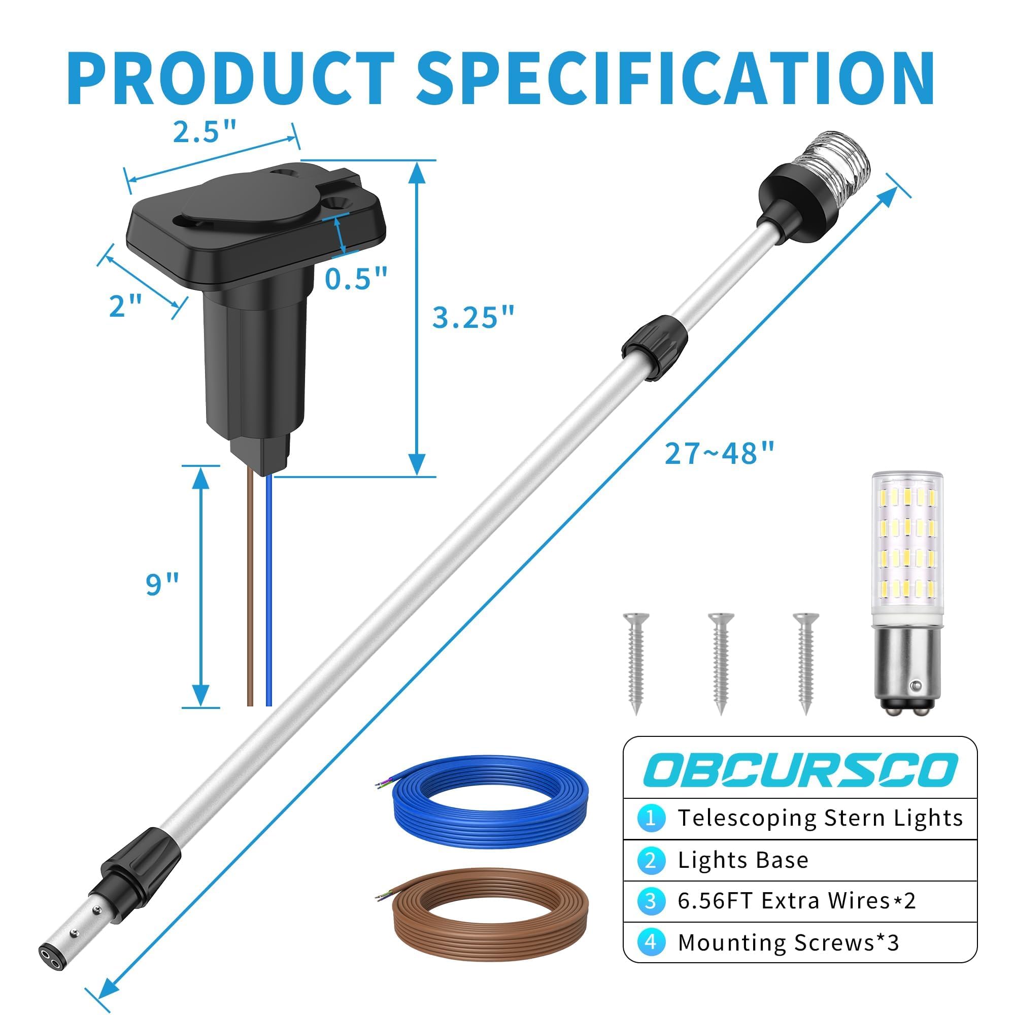 Obcursco Luci di poppa per barche, palo telescopico 3NM 360°, luce di ancoraggio a LED con base, illuminazione di navigazione regolabile da 12 V, per pontone, yacht, basso e barche da pesca (27"-48