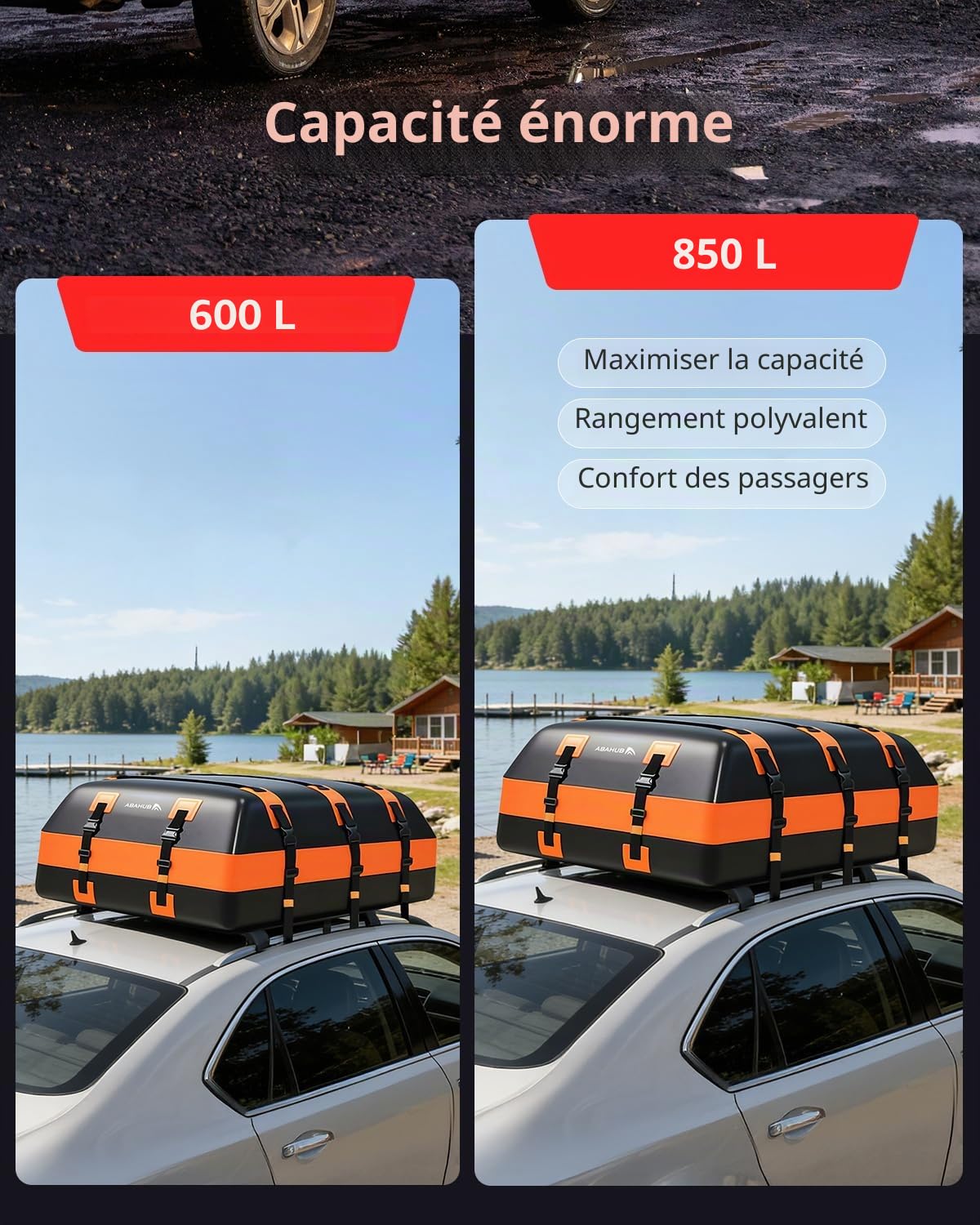 Abahub 850L Coffre de Toit Pliable, Design Étanche Matériau 840D, Universel pour Tous Les Modèles avec/sans Porte-Bagages, avec Crochets de Portière Base Antidérapante Inclus,Grande Capacité
