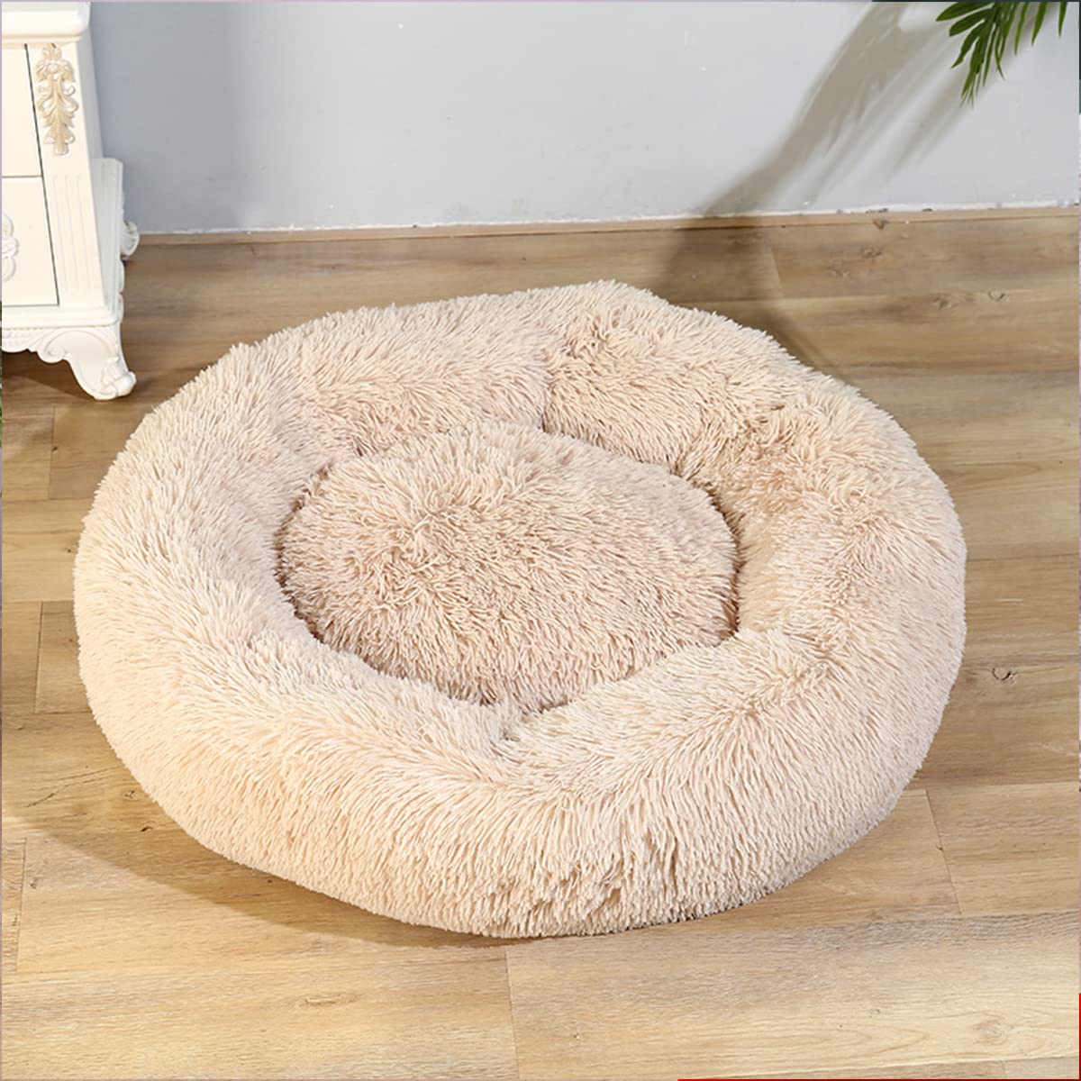 Calming Dog Bed & Cat Bed, Anti-Anxiety Donut Warming Cozy Soft Dog Round Bed, Fluffy Faux Plush Dog Cat Cushion Bed for large Small Medium Dogs and Cats diameter32in