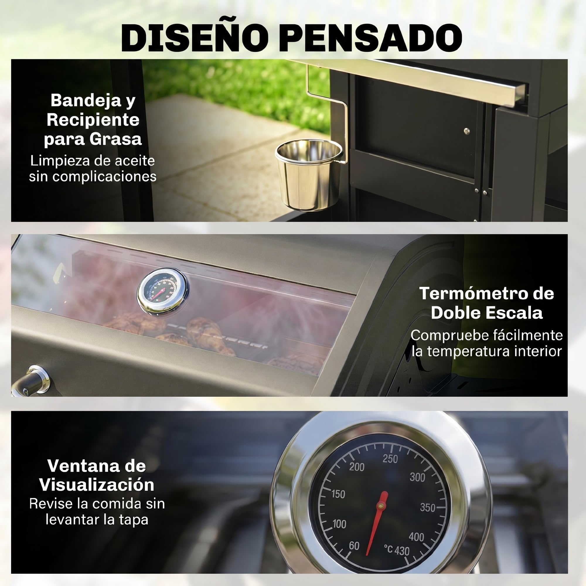 Outsunny Barbacoa de Gas BBQ Gas Portátil 3 Quemadores 7,5 kW Termómetro | Mesas Laterales Plegables, Rejilla Calentadora, Parrilla Plancha, Tapa con Ventana, Recogedor y Recipiente Grasa