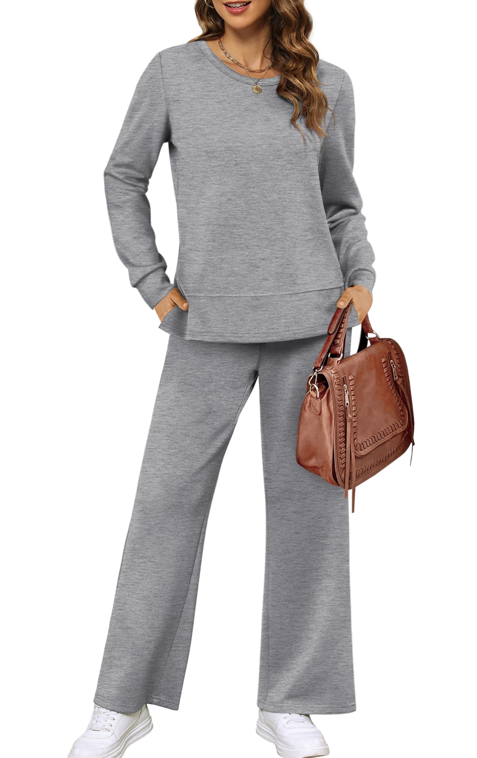 XIEERDUO Women's 2 Piece Lounge Sets Side Slit Outfits Wide Leg Tracksuit Comfy Loungewear Fashion Sweatsuit S-3XL