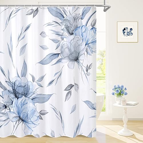 Cortina de ducha bohemia con estampado floral de acuarela azul y gris, estilo de pintura de tinta, cortinas de ducha de flores y hojas para baño