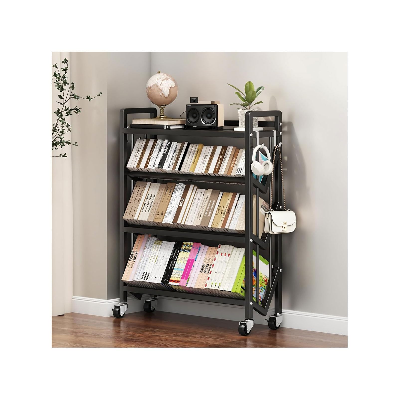 Book Carts with Wheels, Library Rolling Book Cart 2/3/4/5 Tier Movable Bookshelf Mobile Large Capacity L-Shaped Carbon Steel Organizer Rack for Office, Home, Classroom(Black,4 Tiers-35.4x9.8x46.5in)