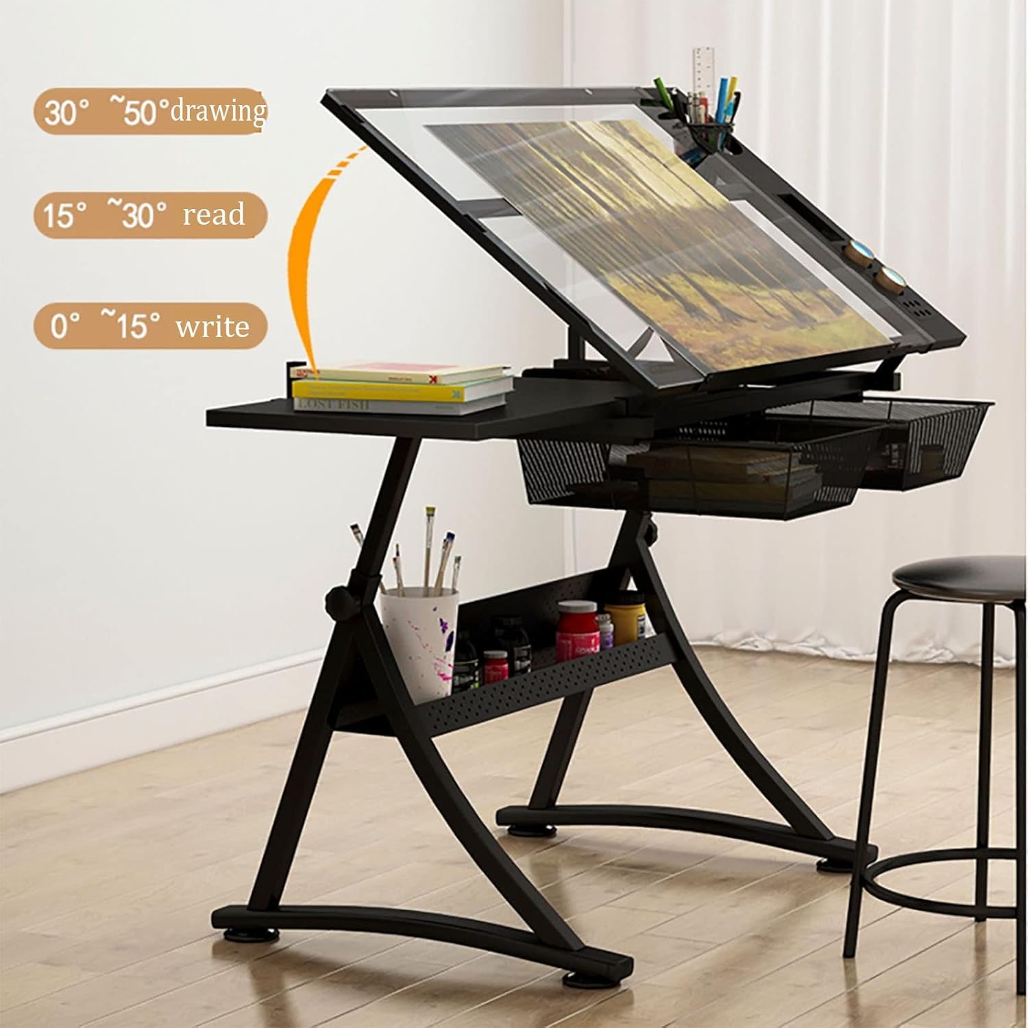 Mesa de dibujo ajustable con taburete, escritorio de arte ajustable en altura, mesa de dibujo de vidrio templado, estación de trabajo versátil para profesionales creativos