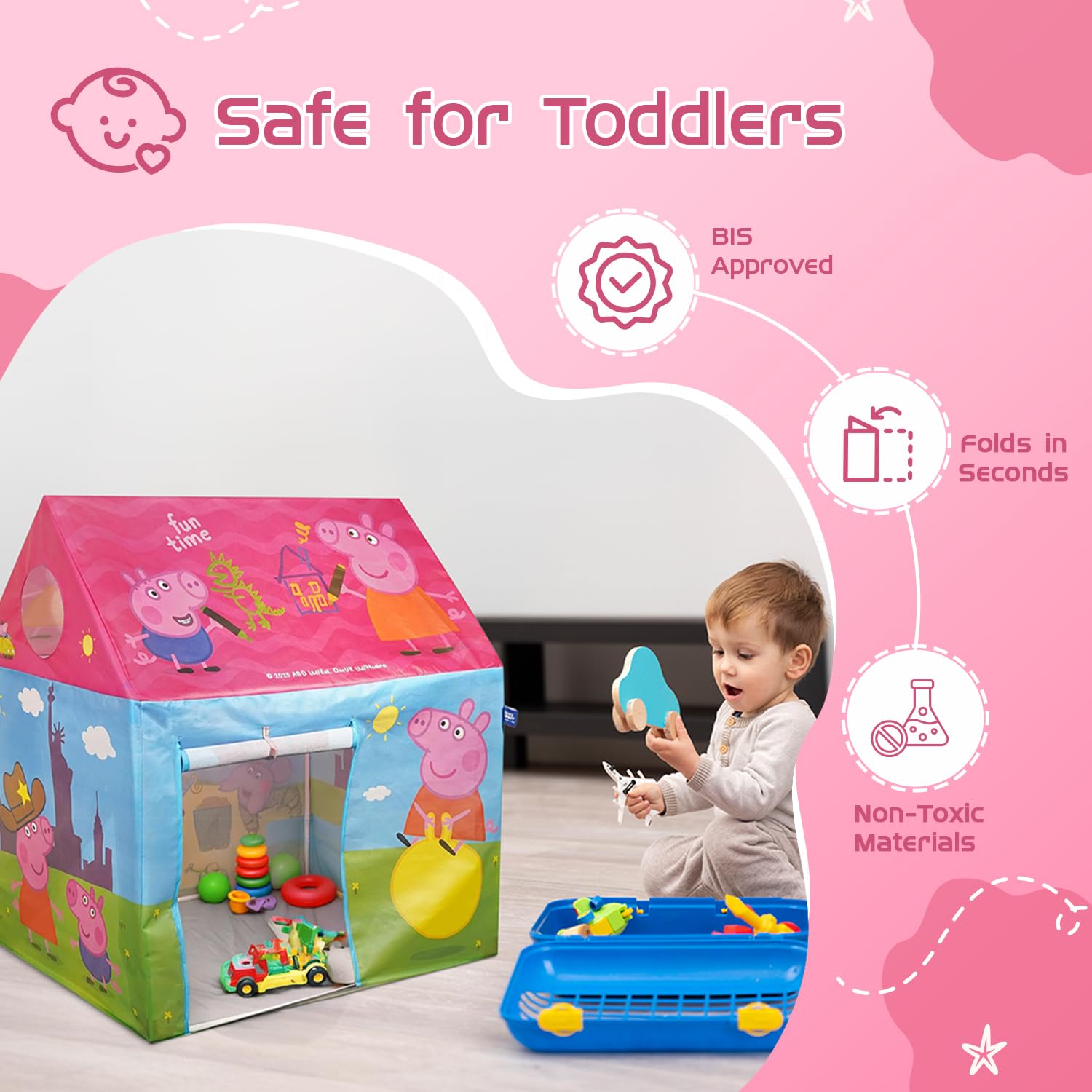 Amazon Brand Jam & Honey Kids Play Tent House, Peppa Theme, BIS Safe for Kids, Foldable Portable Indoor Outdoor Playhouse Tent for Girls Boys Age 2+ Years, Easy Assembly 3