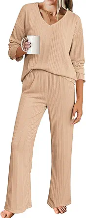 Ekouaer Womens Ribbed Knit Pajamas Set V Neck Long Sleeve Pj Set 2 Piece Loungewear Casual Sleepwear