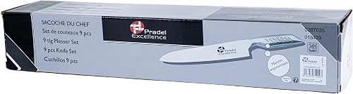 Pradel Excellence - I7100 - Sac Couteaux Professionnels 9 Pièces - Essentiels - 7 Couteaux + 1 Fusil d’Affûtage + 1 Couperet - Lames Inox - Manches Inox - Compatibles Lave-Vaisselle - Sac de Rangement - 7