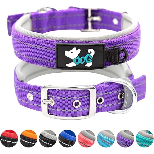 Nylon Dog Collar Soft Padded Breathable Reflective Adjustable Tactical Waterproof Pet Collar with Durable Metal Buckle for Small Medium Large Dogs (L, Purple)