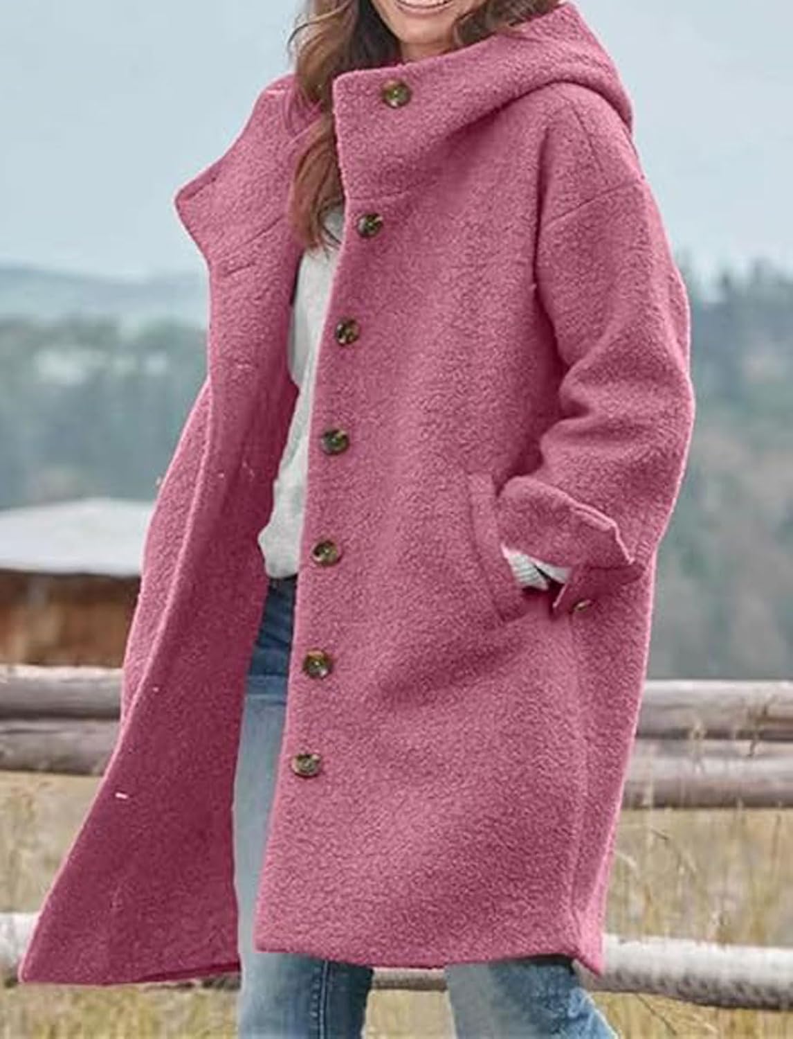 loveimgs Women Winter Casual Single Breasted Hooded Jacket Pea Coat Long Wool Coat Jacket Trench Coat Overcoat - Image 2