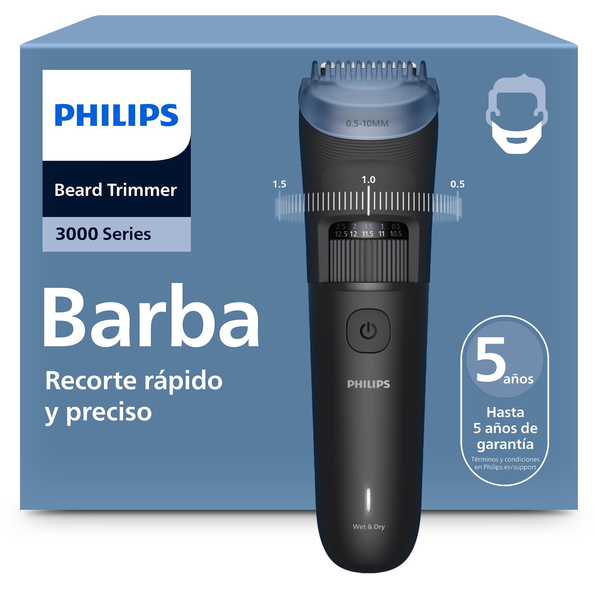 Philips Recortadora de barba series 3000, Hombre, Cuchillas autoafilables, 40 posiciones ajustables, Peine-guía Levanta y Recorta, 100% Resistente al agua, Indicador de batería, carga USB, BT3660/15