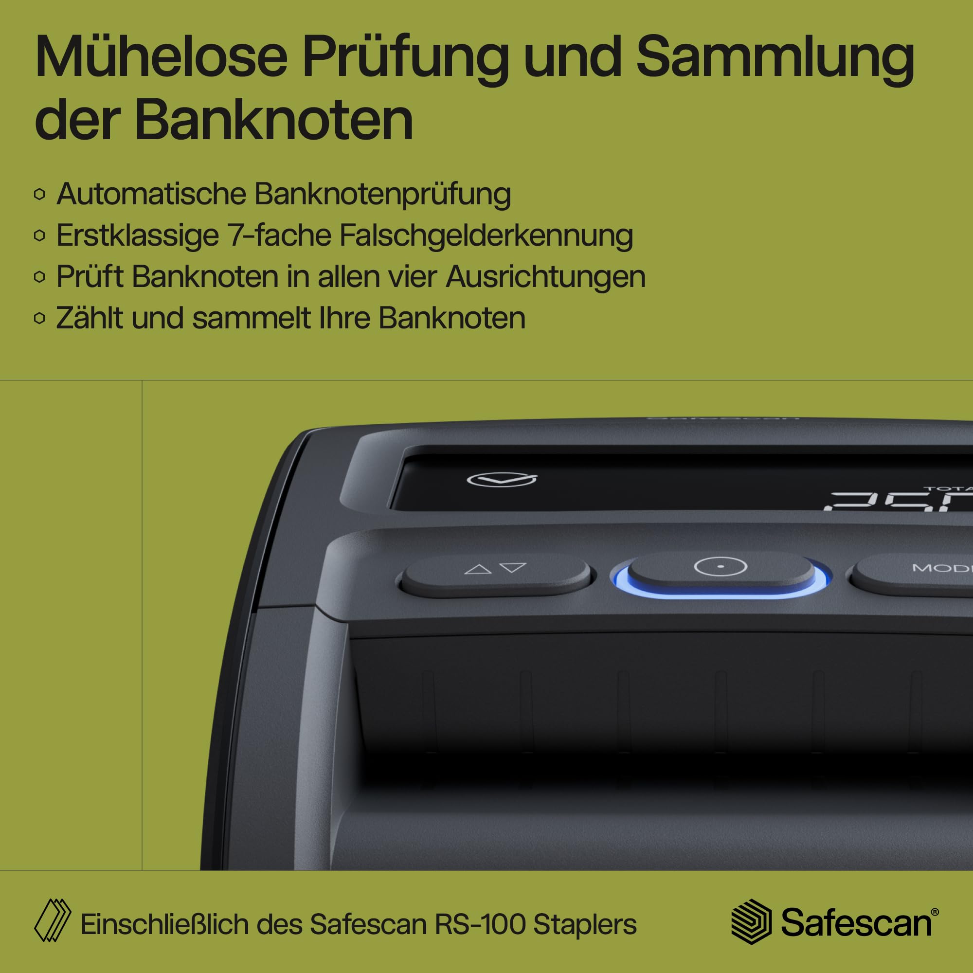 Safescan 155-S & RS-100 automatischer Geldscheinprüfer zur schnellen Überprüfung von Geldscheinen - Falschgeldprüfgerät mit 7-facher Echtheitsprüfung - 100% genaues Prüfgerät inkl. Banknotenstapler