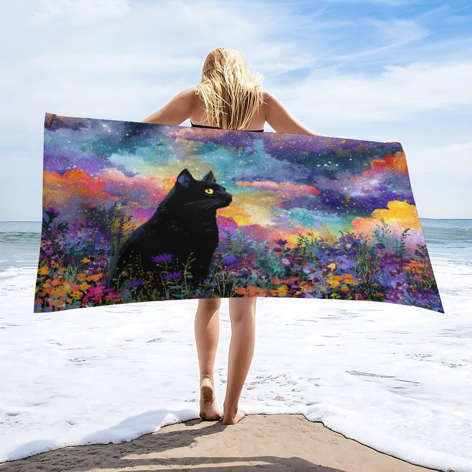 Luyysky Fantasy Cute Black Cat Quick-Drying Beach Towel, Beautiful Abstract Sunset Botanical Plant Daisies Flowers Animal Kitte Travel Vacation Single Sided Pile Bathroom Towels-80 W Cm X 160" L Cm