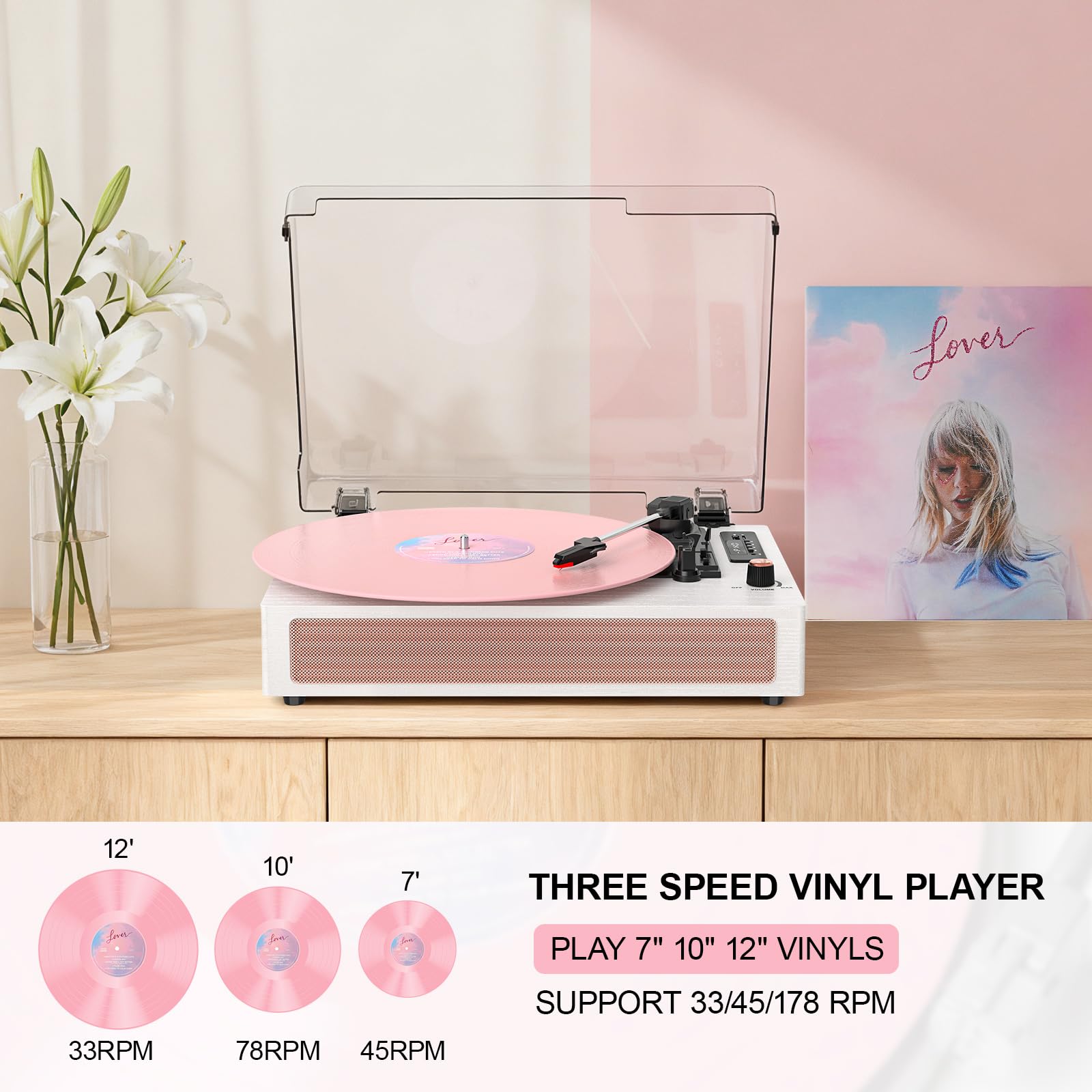 VINYLS LINK Giradischi in vinile con altoparlanti, giradischi Bluetooth con modalità EQ e display LED, giradischi vintage rosa, giradischi a 3 velocità per dischi in vinile, registrazione USB