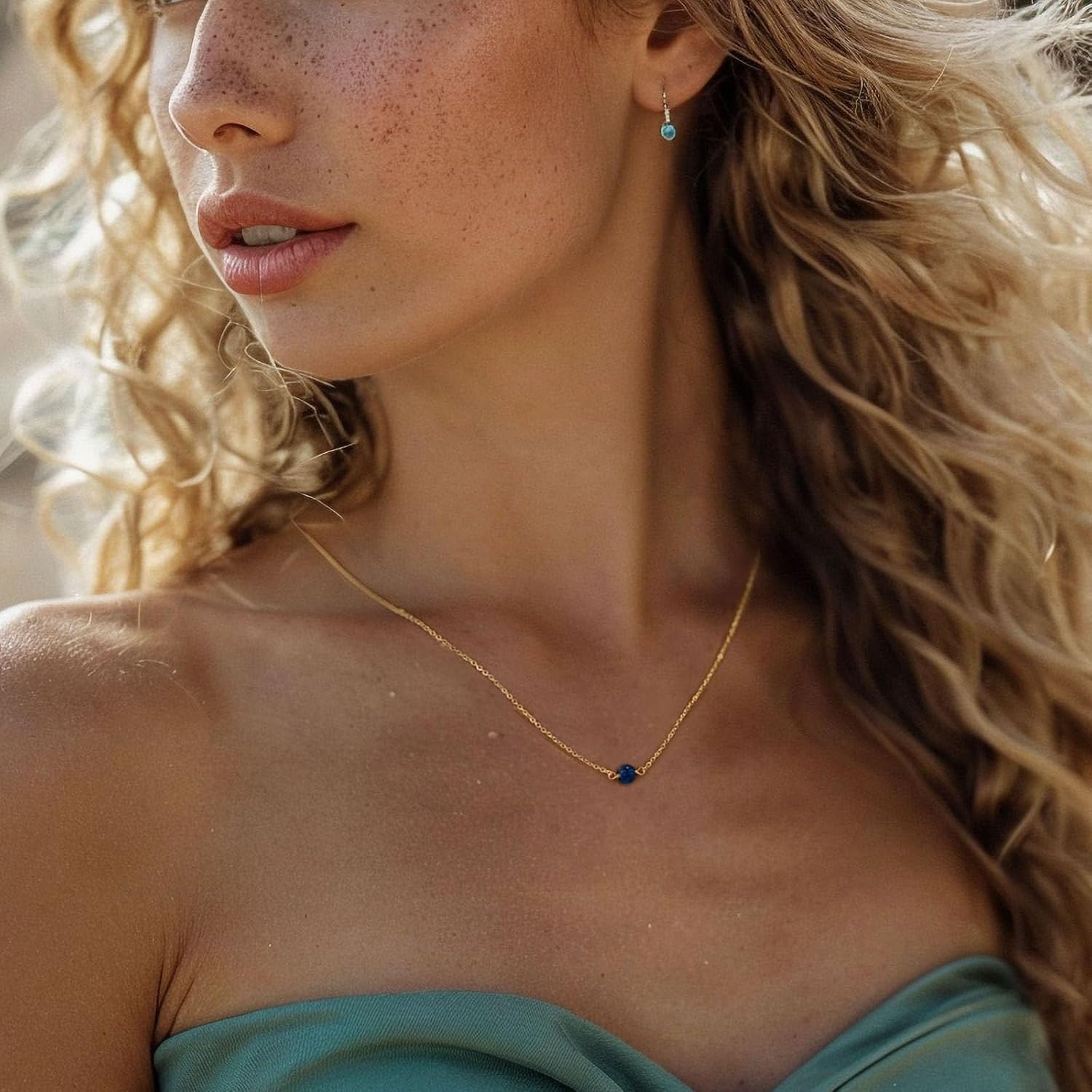 Gemstone Bead Necklaces for Women 14K Gold Plated Emerald Birthstone Necklace Dainty Pearl Turquoise Necklace Blue Green Pendant Necklace Birthday Gifts for Women Mom Jewelry - Image 4