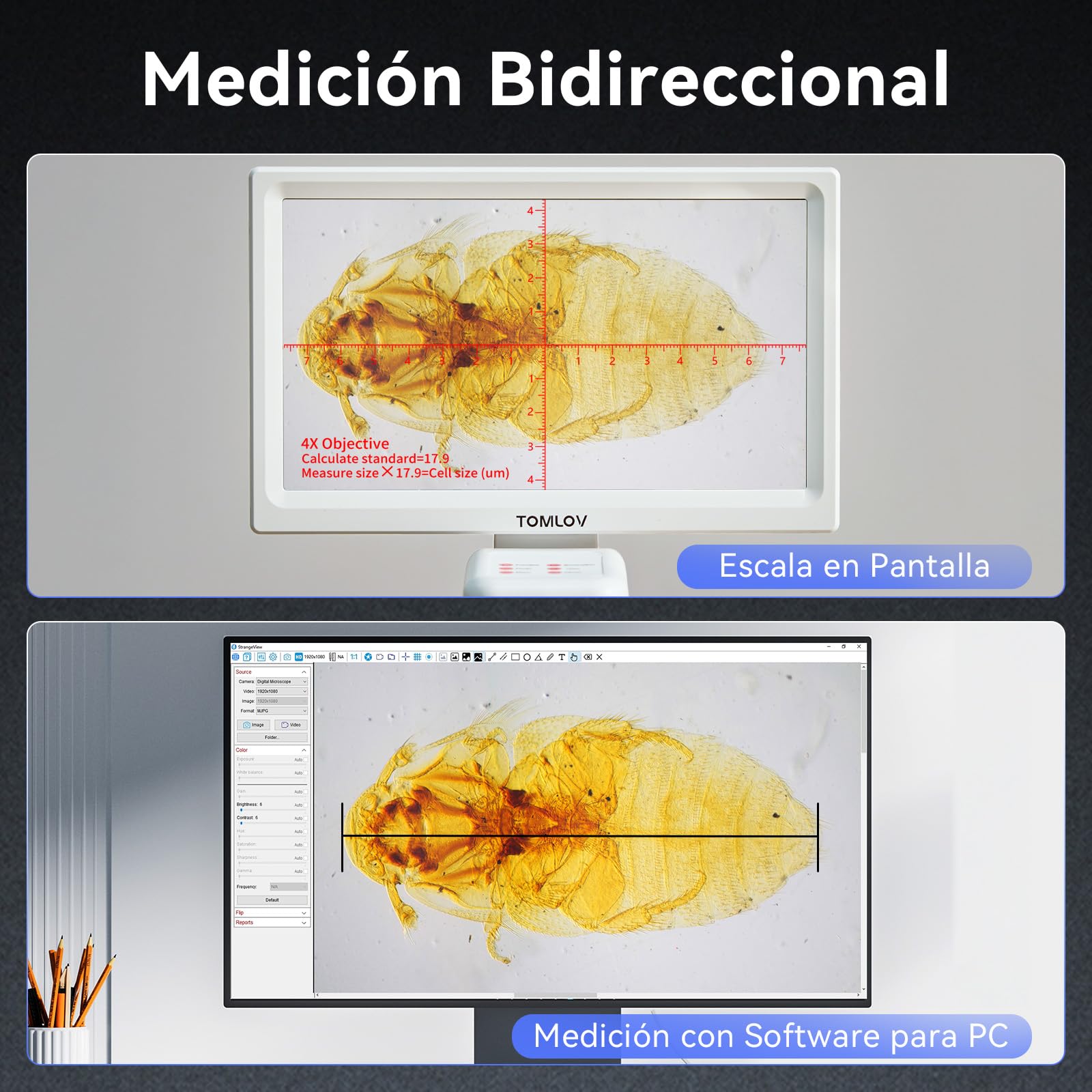 TOMLOV DM301 Pro Microscopio Biológico 1200X: 7" Microscopio Digital para Adultos y Niños, 3 Lentes, Escala de Medición Integrada, Iluminación LED Doble, Compatible con Teléfono, PC y TV