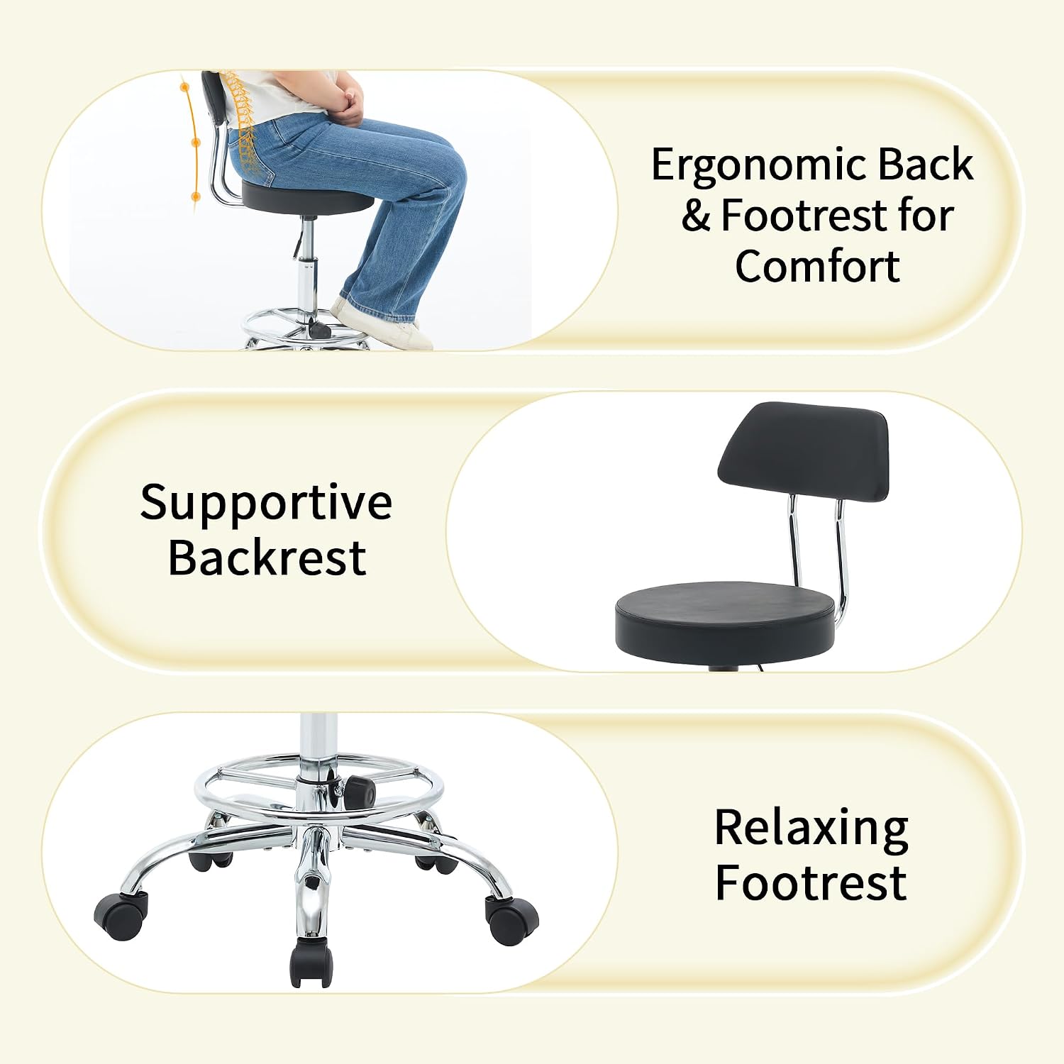 FIRAVOE Rolling Stool with Back,Adjustable Height Foot Rest Rolling Salon Chair 19.5"-26.6",Black Ergonomic Stool (Black)