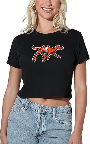 Colección oficial de camisetas cortas con logotipo primario desgastado universitario para mujer, color negro