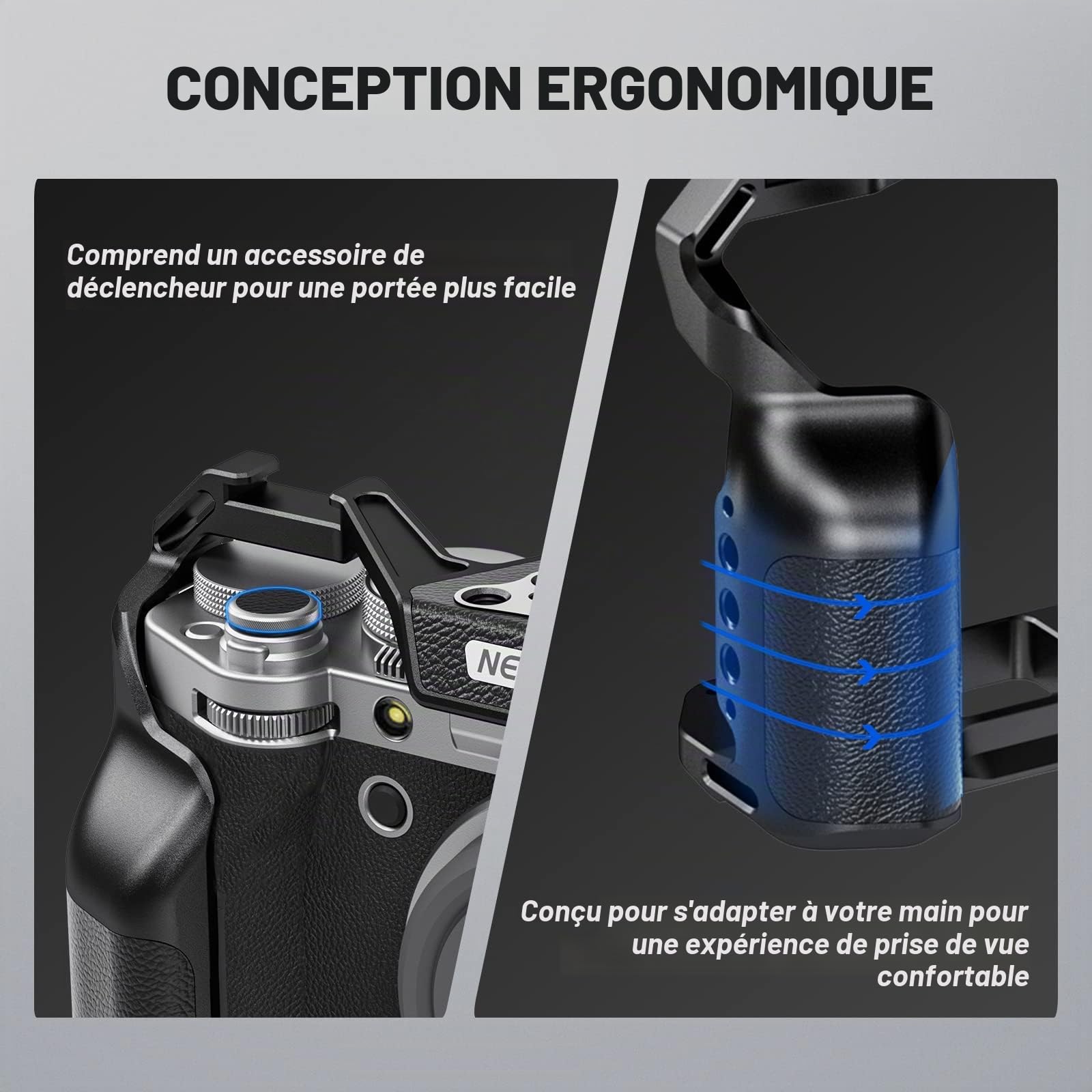 NEEWER Cage de Caméra Entière avec Fuji XT5 pour Plate-Forme Vidéo en Aluminium,Bouton d'Obturation,Cold Shoe,Rail OTAN,Base QR de Type Arca Compatible avec Accessoires SmallRig,Cardans DJI RS,CA014