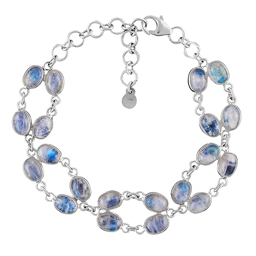 QNAVIC Natural Blue Sheen Moonstone Cabochon Bezel Charm Bracelet For Women Healing Chakra Crystal June Birthstone Rhodium Plated 925 Sterling