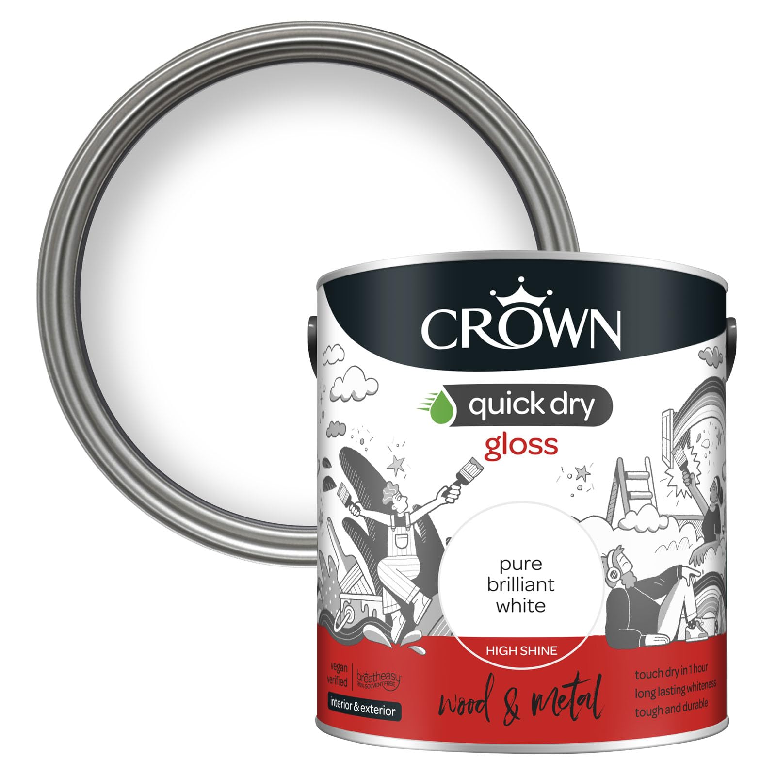 Crown Paint Gloss Pure Brilliant White Quick Dry Interior Exterior 2.5 Litre