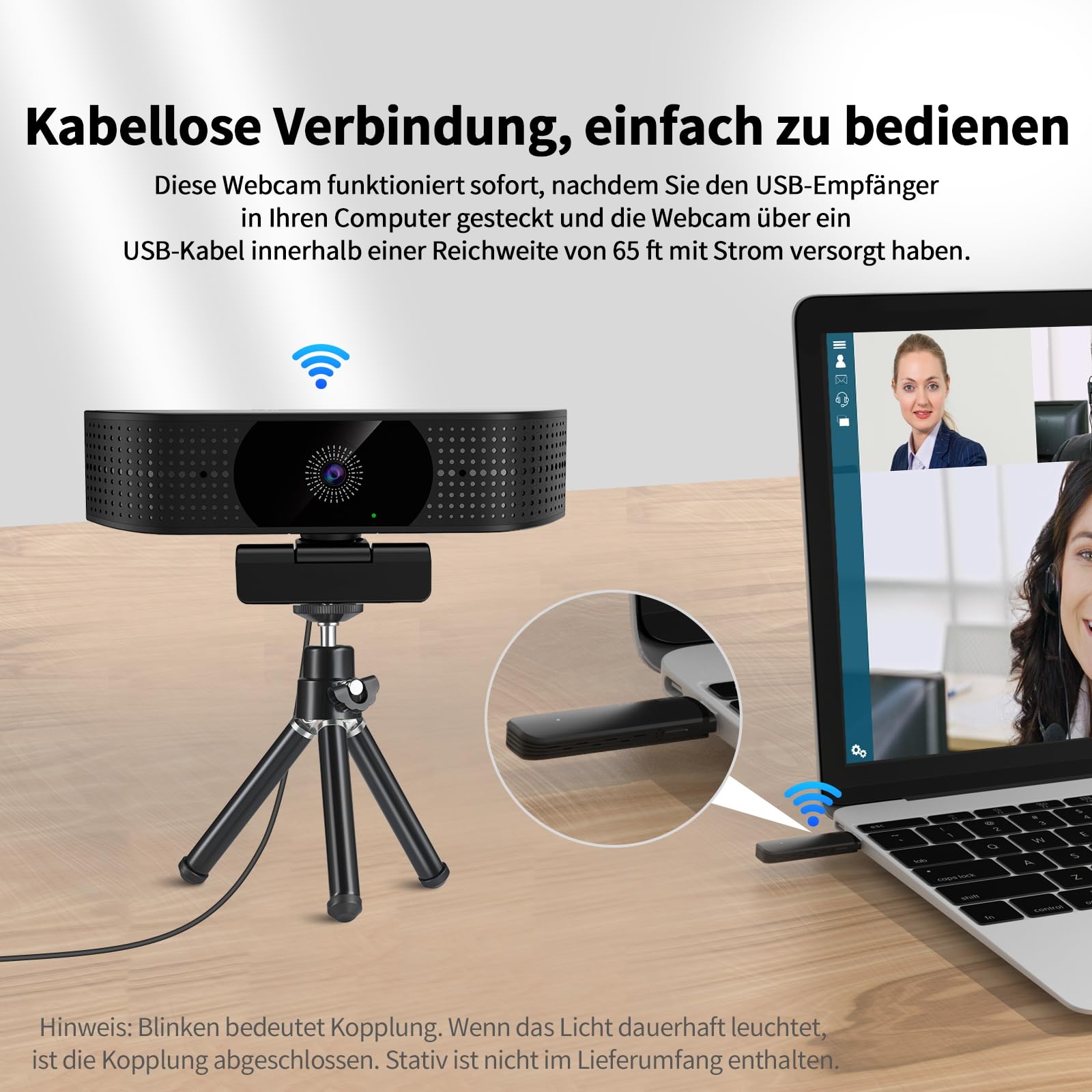 1080P Wireless Webcam für PC, Webcam mit geräuschreduzierendem Mikrofon, 92°FOV, 360° Drehung, Plug and Play, kabellose Kamera für Konferenzbesprechungen (USB-Kabel Stromversorgung)