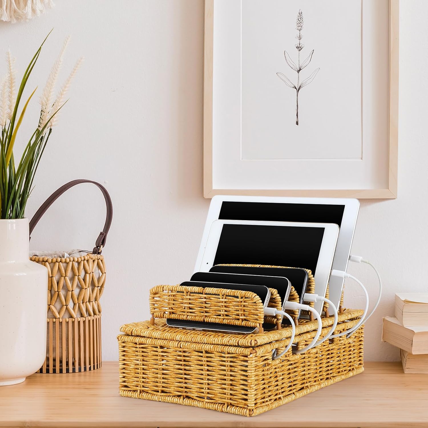 CroBlissful Cable Management Box Handwoven Imitation Rattan Cord Hider Box Charging Station Basket Desktop Cord Organizer with Removable Divider for Laptop Tablet 12.5lx5.9hx7.6w-inch(Rattan Color)