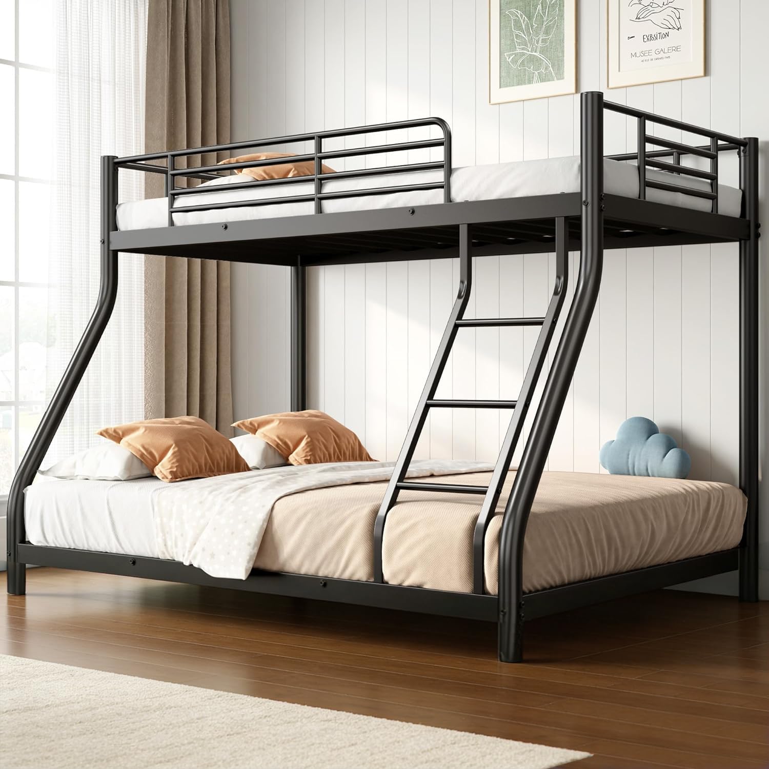 Bunk Beds Twin Over Full Size with Ladder and Guardrail, Heavy Duty Bunk Bed with Metal Slats Support, No Box Spring Needed, Small Space Saving Furniture for Bedroom Dorm, Black-image-45