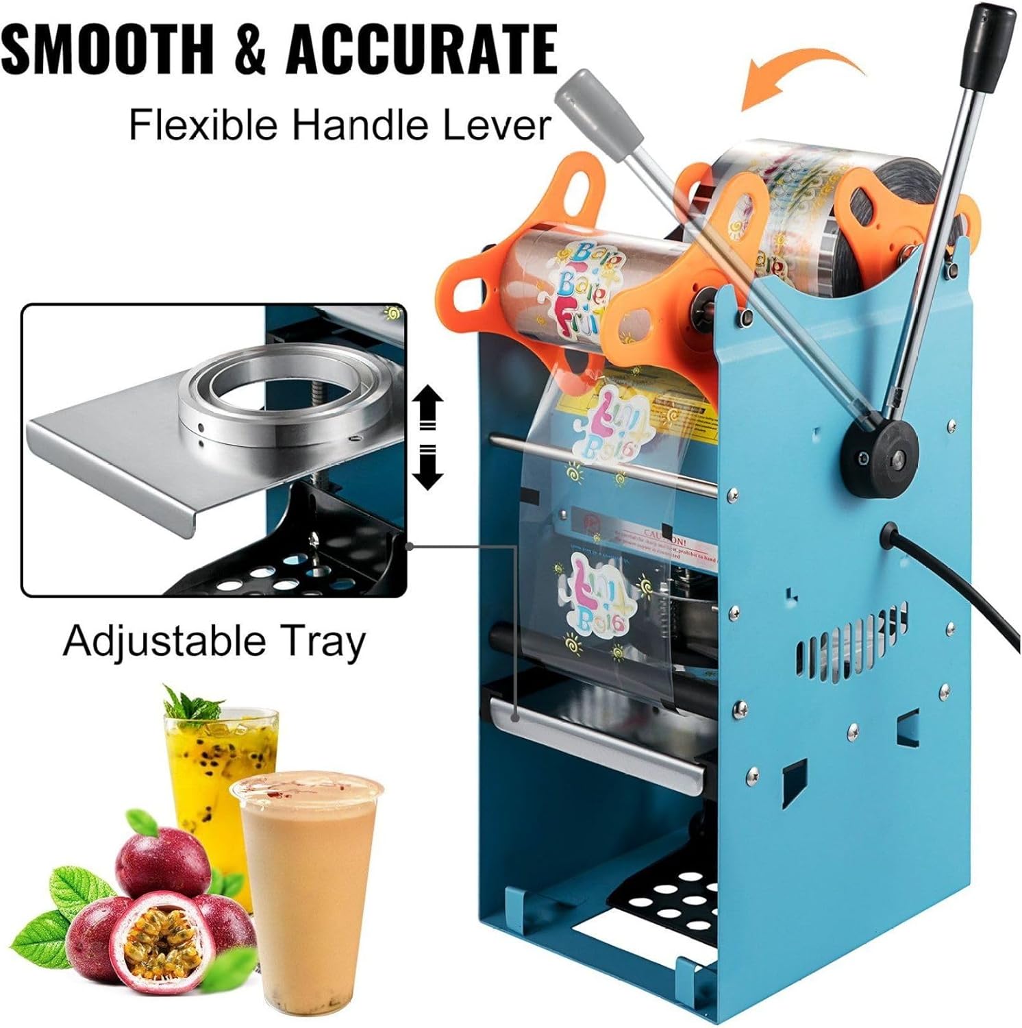 Manual Tea Sealer Machine - 300-500 Cups/Hour - 90/95mm Cup Sealing Machine for Bubble Tea, Milk Tea, Coffee - Blue