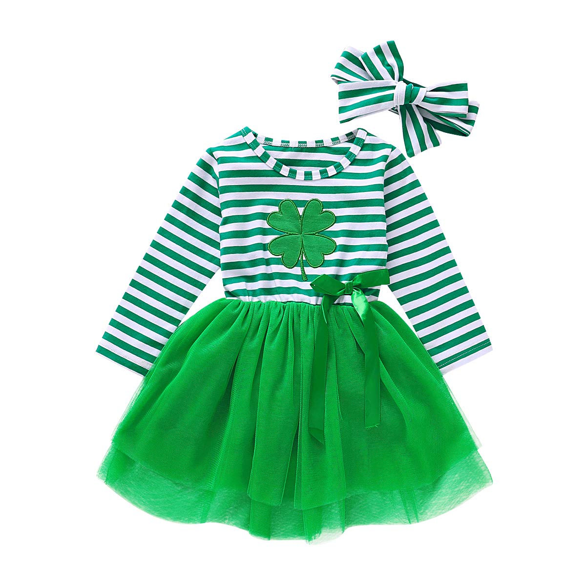 St Patricks Day Outfits Toddler Baby Girls Clover Dress Striped Long Sleeve Mesh Tutu Skirts with Headband 2PCS Set (Green, 5-6 Years)