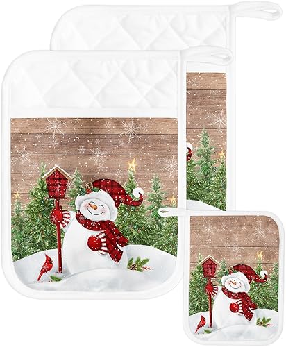 Farmhouse Snowman 2Pcs Pot Holders for Kitchen,Non Slip & Heat Insulation Terry Cloth Potholder Set with Pocket,Thick Hot Pad Oven Mitts Trivet
