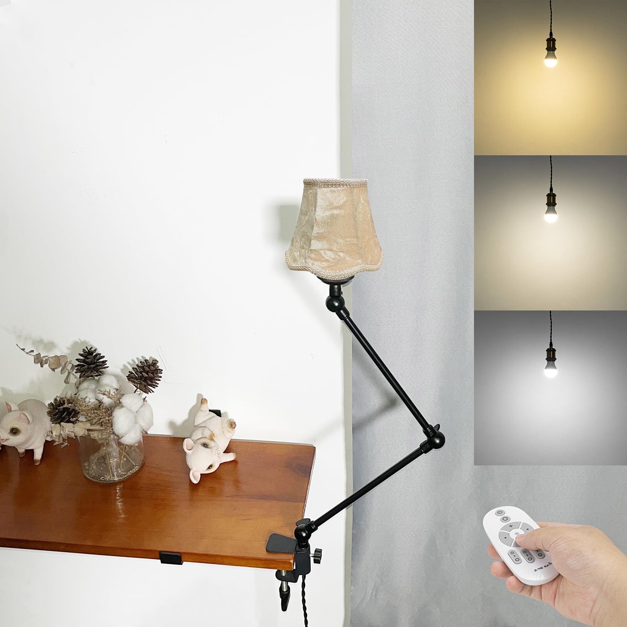 Klemmleuchte mit Fernsteuerung,1 Packung Leselampe mit 2,5 m Kabel, Dimmbar Nachttischlampe,Augenpflege Schreibtischlampe für Büro Heimgebrauch, E27 Lampenhalterung - DZ0330/11