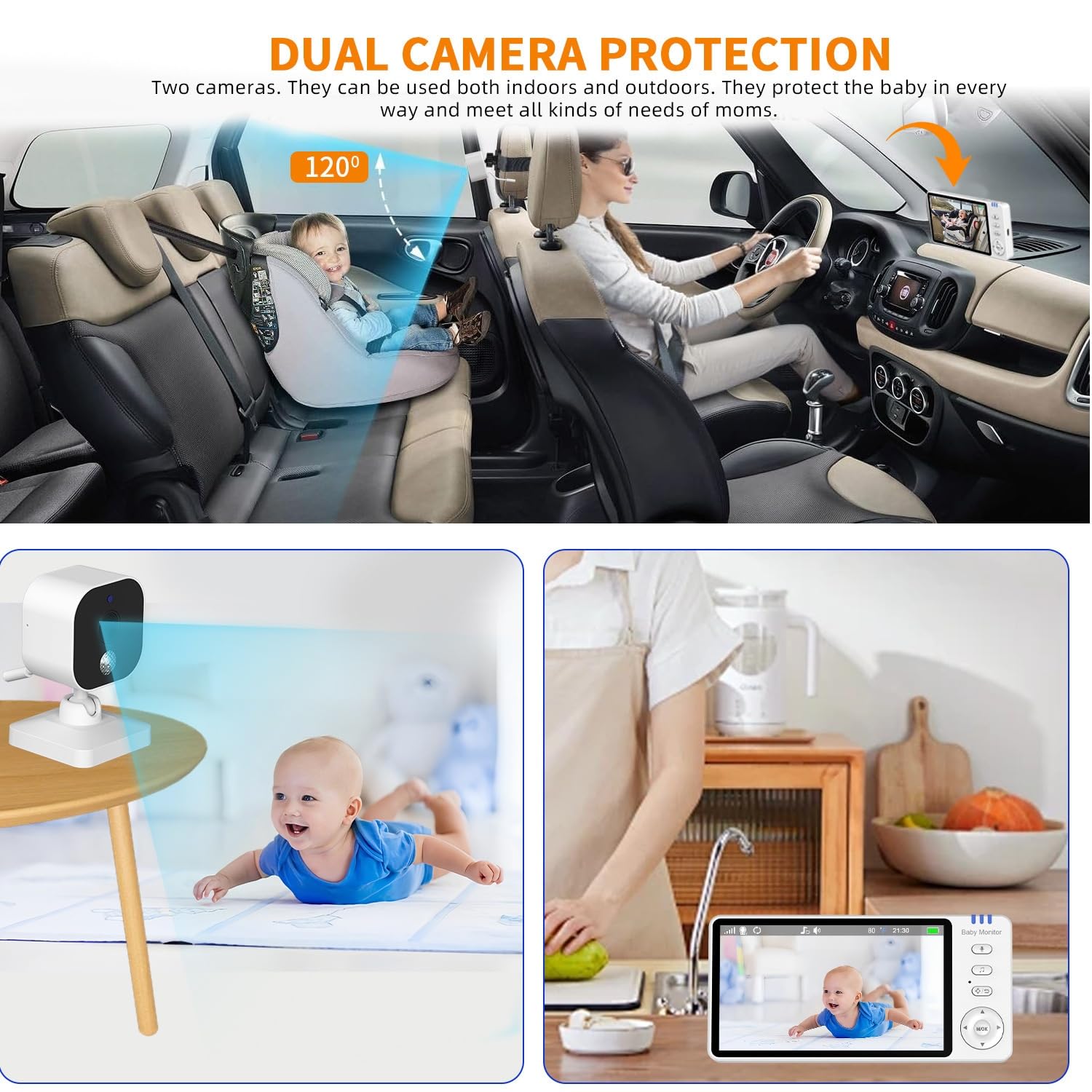 Babyphone avec écran de 5 Pouces et caméra, Audio bidirectionnel sans Fil, Vision Nocturne, Batterie Longue autonomie, Transmission sécurisée, Utilisation à la Maison et en Voiture