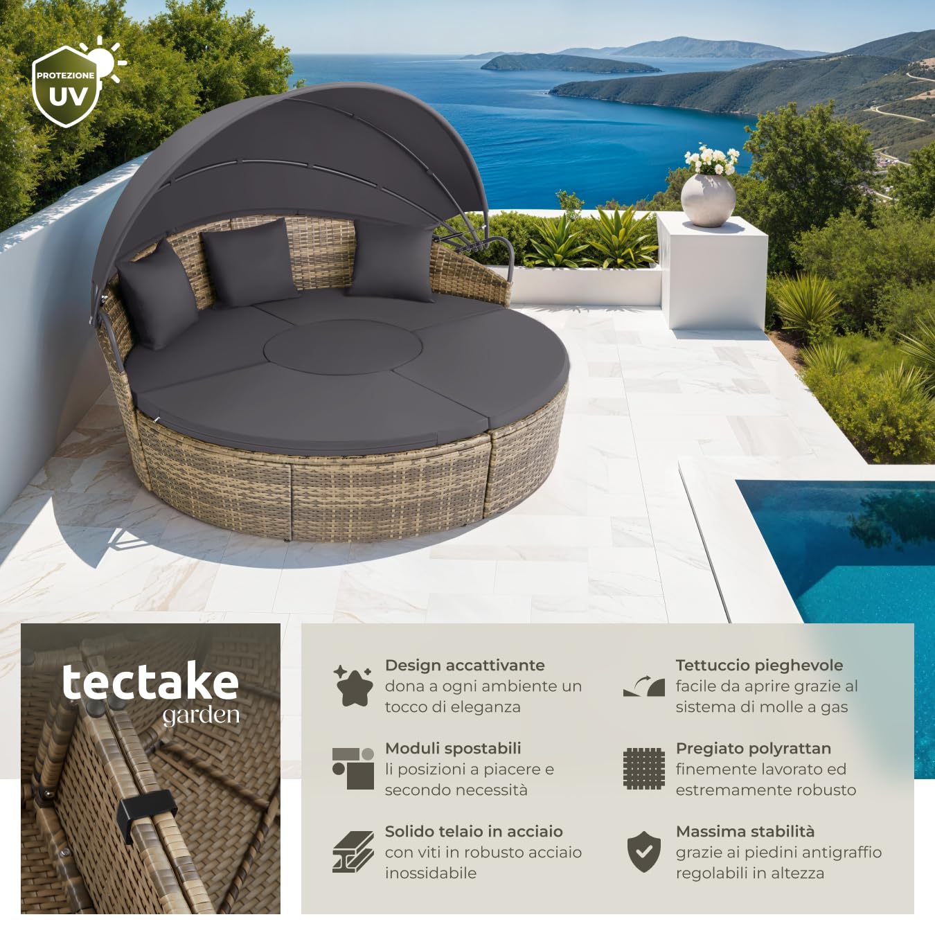 tectake® Isola Prendisole in Rattan, Isola Divano da Esterno con Tettuccio Parasole Pieghevole, Morbidi Cuscini, Componibile, Tavolino e Lettino, Resistente ai Raggi UV, per Giardino - Naturale