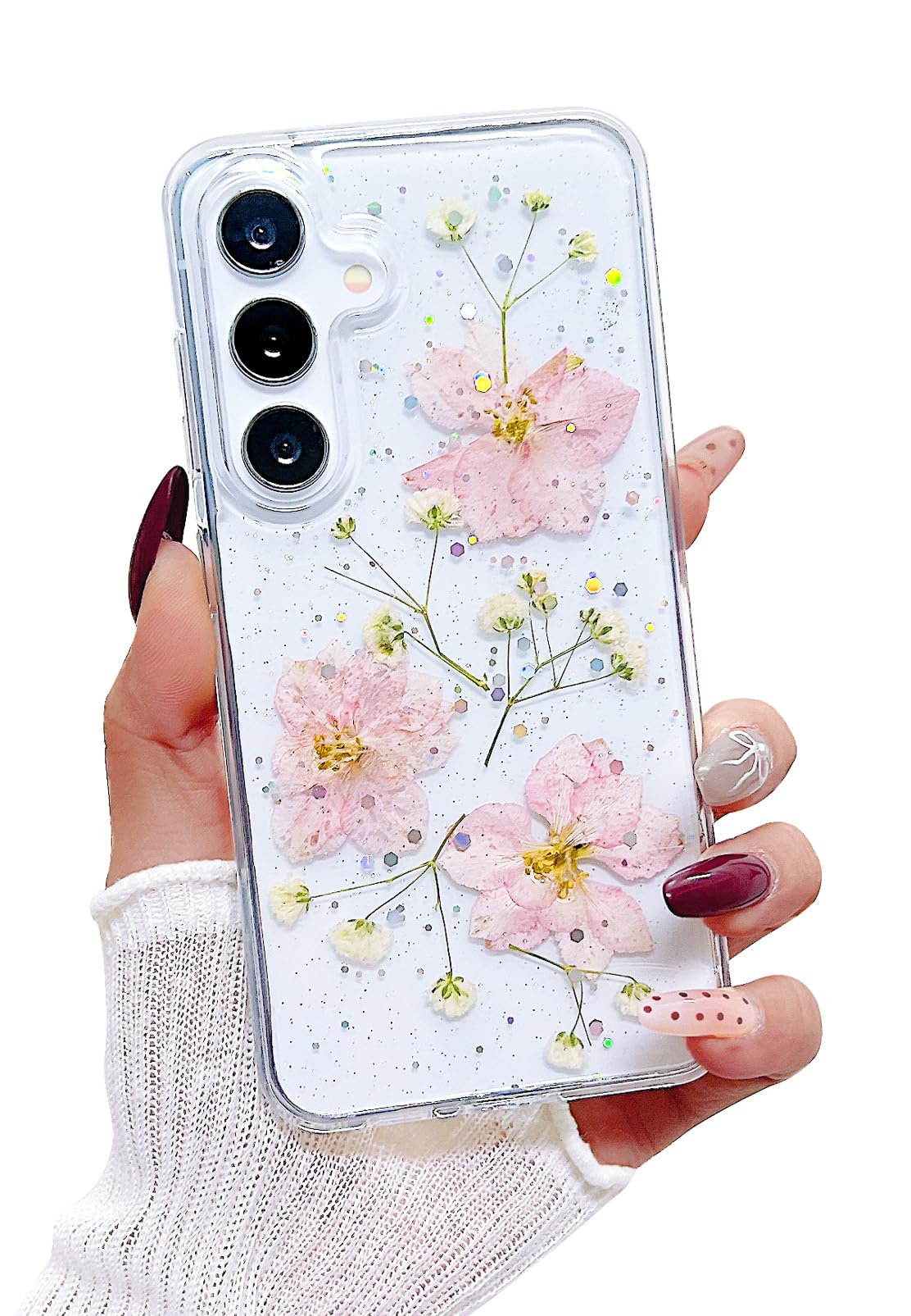 Lewrtser Compatible with Samsung Galaxy S24 Case Cute Pressed Dried Real Flowers Design Women Girly Shockproof Hard PC+ TPU Bumper Floral Phone Cover