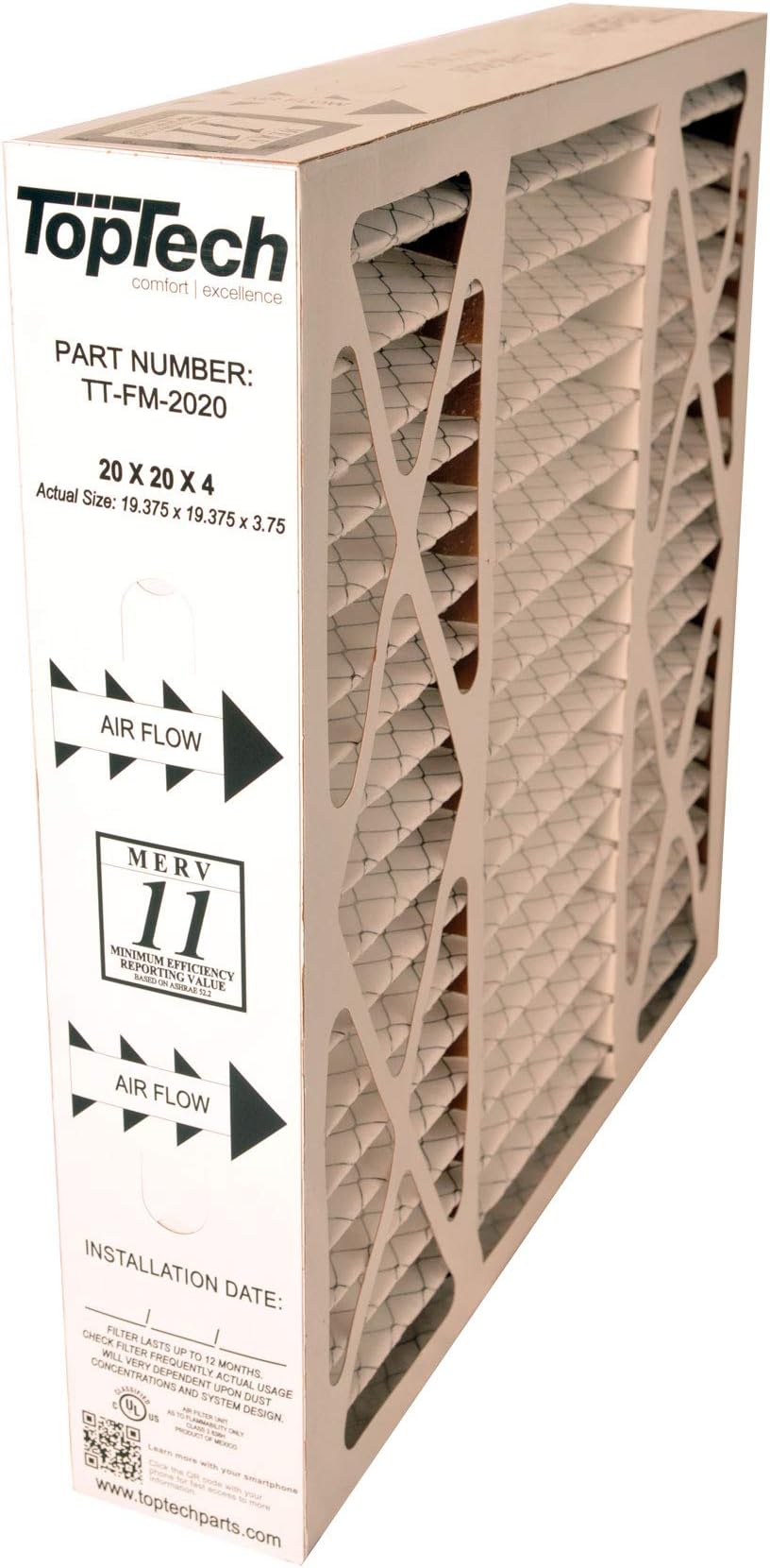 TopTech TT-FM-2020 Ready to Use TechPure TTFM2020 Air Filter 20x20x4 Top Tech OEM Cartridge 20 by 20 by 4 in Furnace MERV 11 Carrier TT-MAC-2122 TT-MAC-2020 with Dakota Supplies Installation Sticker