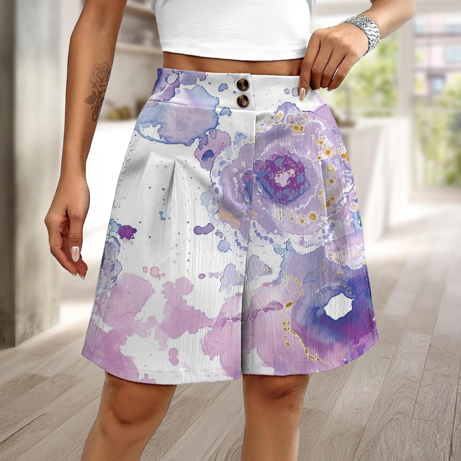 Workout Shorts Women High Waisted Button Down Loose Fit Boho Floral Beach Vacation Summer Casual Trendy Pants - Image 2