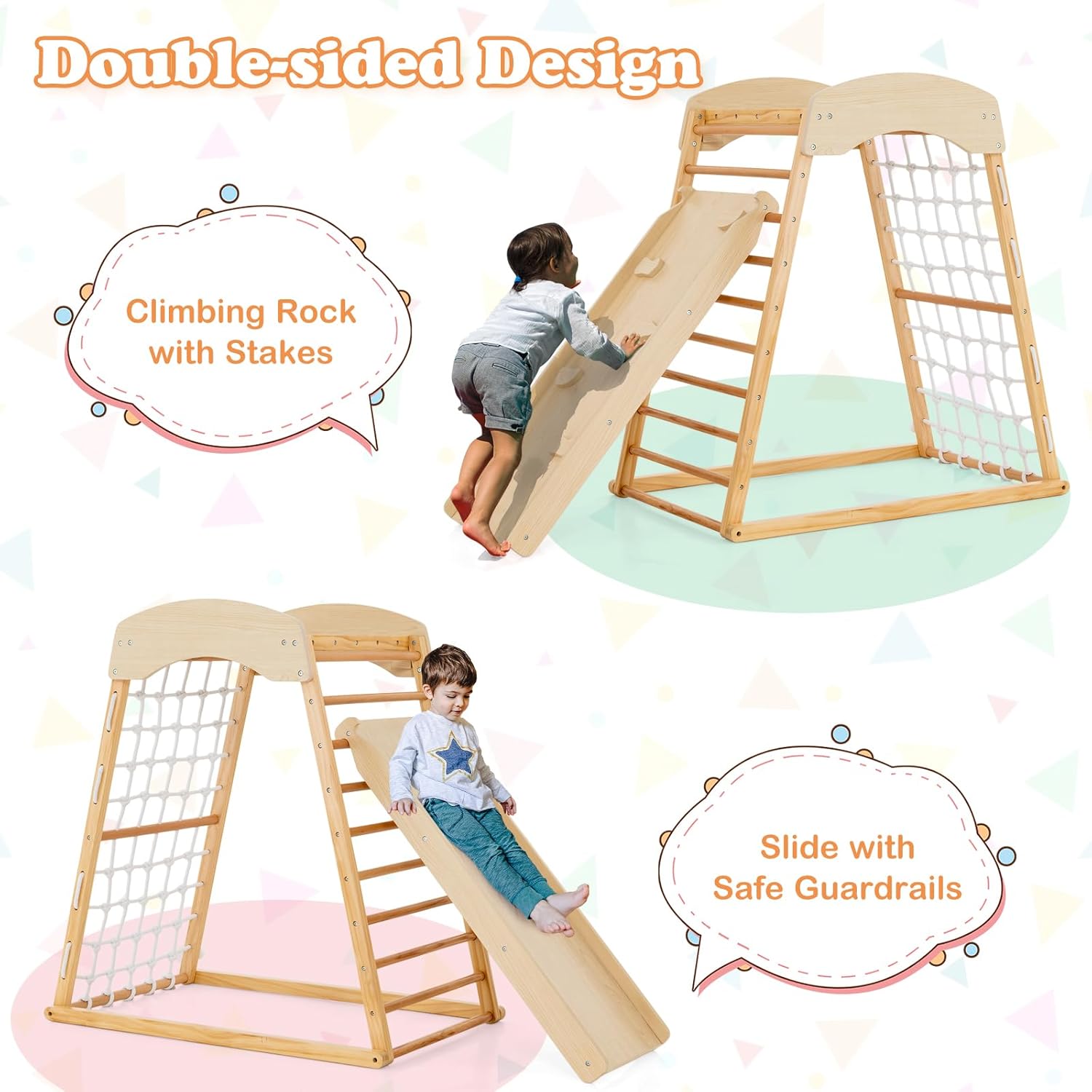 Costzon Indoor Jungle Gym, 6-in-1 Montessori Climbing Toys for Toddlers with Double-Sided Slide, Climbing Rock/Net, Indoor Wooden Playground Climber Playset for Kids 2-6 Years Birthday