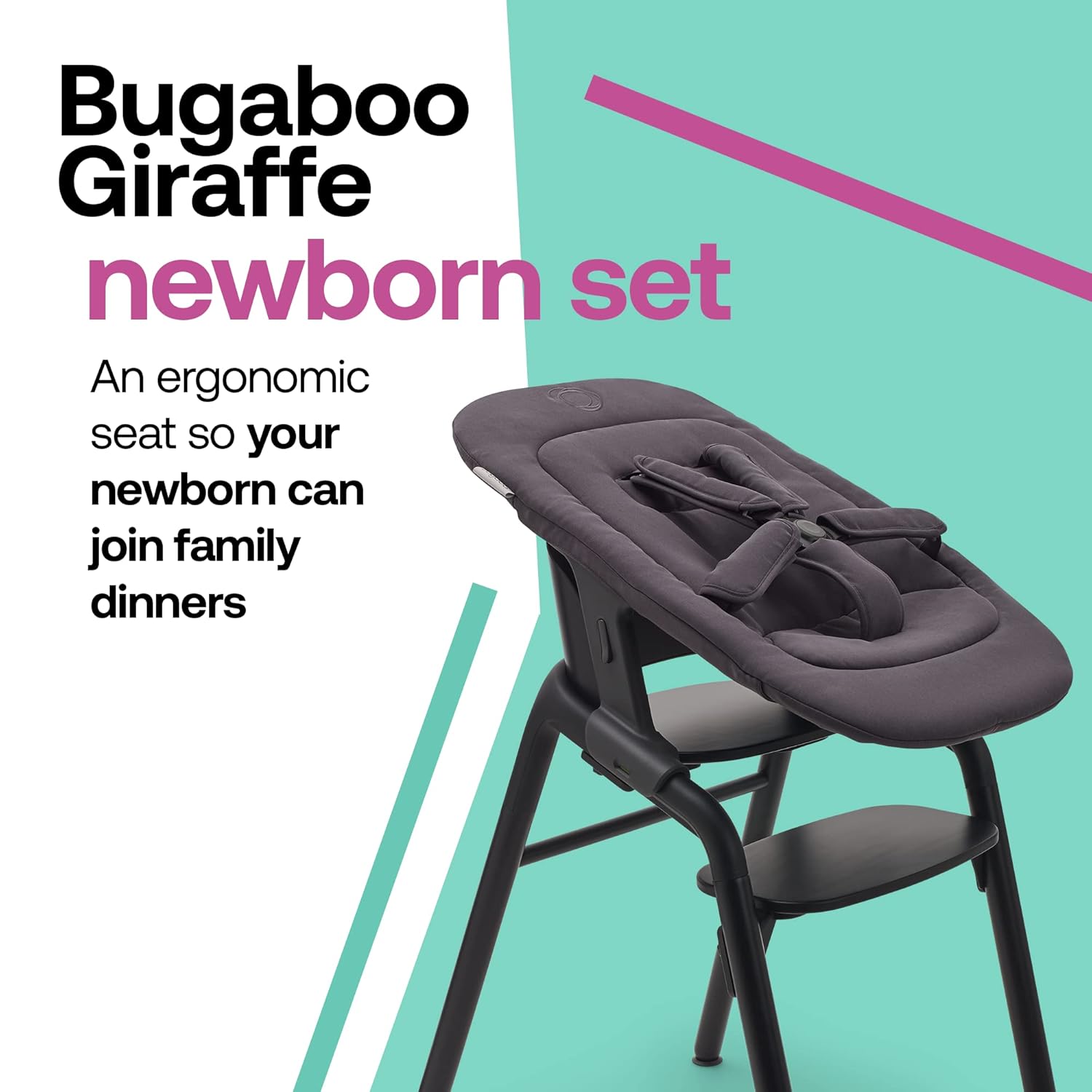 Bugaboo Giraffe Newborn Set Padded Baby Seat Insert with 5-Point Harness, Infant Lounger Attachment for Giraffe High Chair and Rocker Frame, Ergonomic Design, Tornado Grey