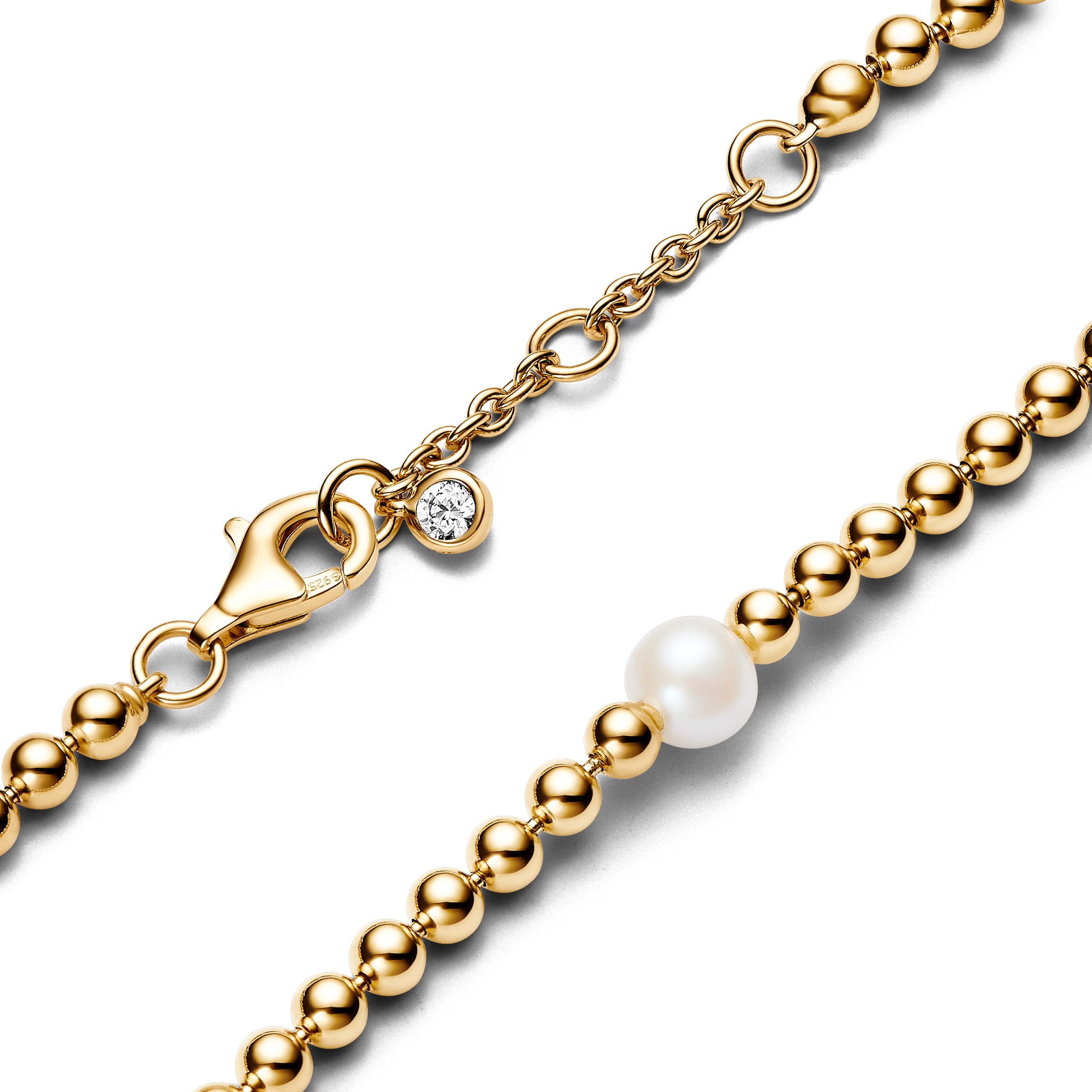 Pandora Timeless Perlen-Armband, 14-karätig vergoldet, mit weißer, behandelter Süßwasserzuchtperle und klarem Cubic Zirkonia